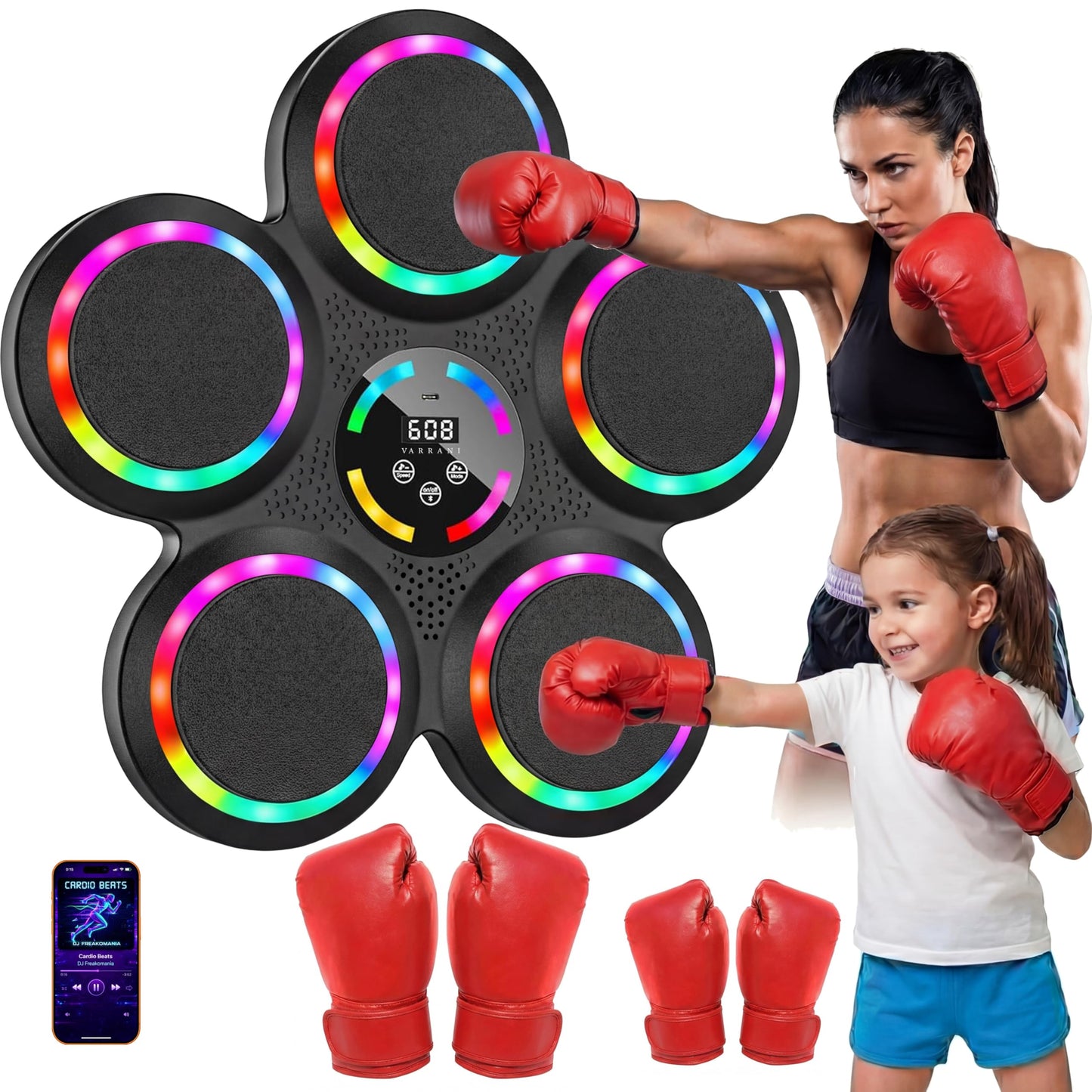 VARRANI Music Boxing Machine - 2026 Upgraded Interactive Boxing Trainer - 2 Pairs of Gloves - for Kids & Adults - Wall Mounted Easy Installation - 9 Speeds 9 Modes - Electronic Boxing Target