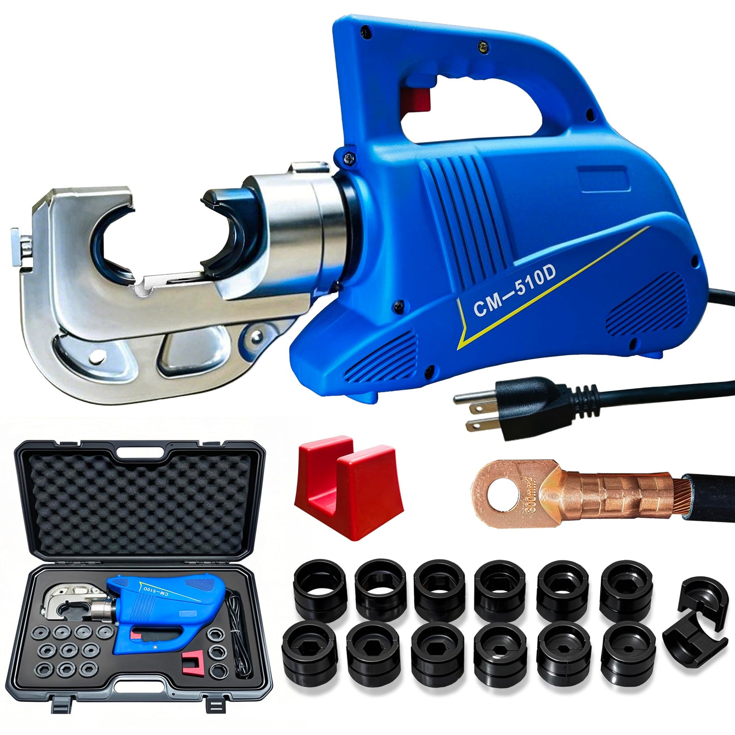 Hydraulic Crimping Tool 15Ton Electric Cable Lug Crimpers - 13 Dies (8AWG to 800MCM) Cable Wire Crimping Pliers Machine Kits with 2.8m Wire