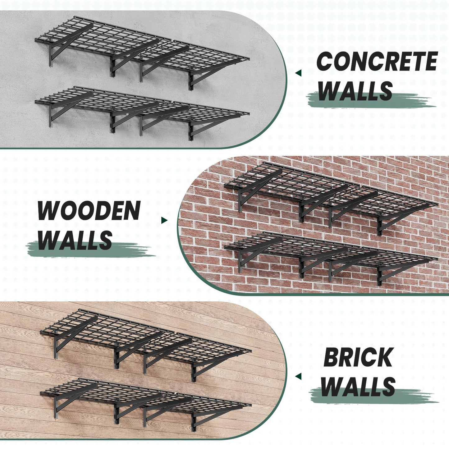 TOPIRON 4 Pack 2x3ft Garage Wall Shelves, 24x72 inch Heavy Duty Garage Shelving Wall Mounted Garage Storage Rack, 1400lbs Load Capacity Floating Metal Shelf, Black