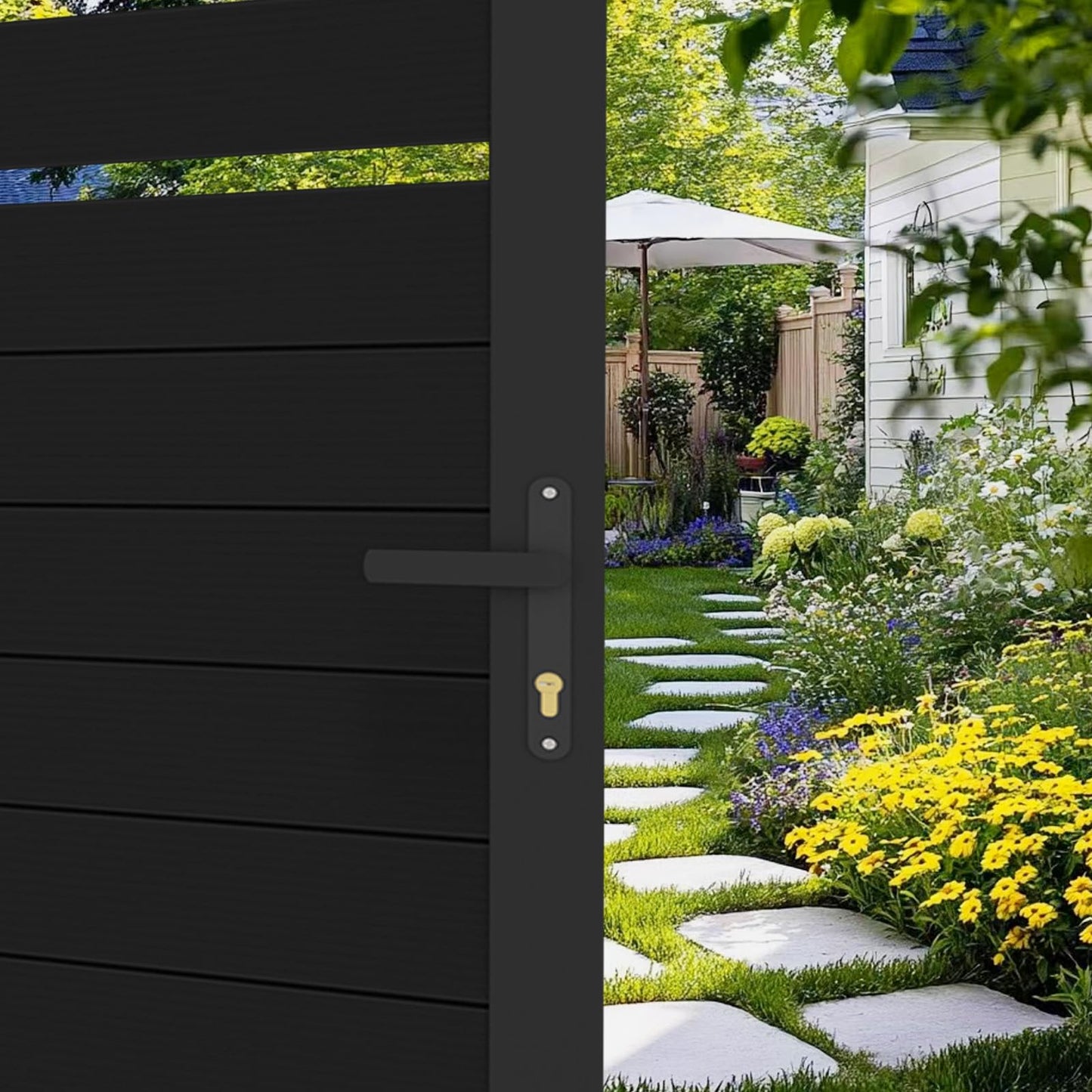 Mondaria Aluminum Double Fence Gate, 6FT H x 8FT W Outdoor Driveway Privacy Gate with Heavy Duty Metal Frame, Rustproof Powder-Coated Gate with Lockable Handle Kit, Semi-Privacy (Posts Not Included)