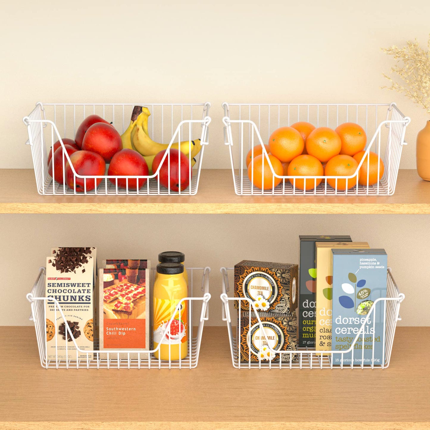 blitzlabs Stackable Wire Metal Baskets Large Capacity Kitchen Freezer Bins for Pantry Cabinet Fruit Vegetable Snacks Organization, White, Set of 4