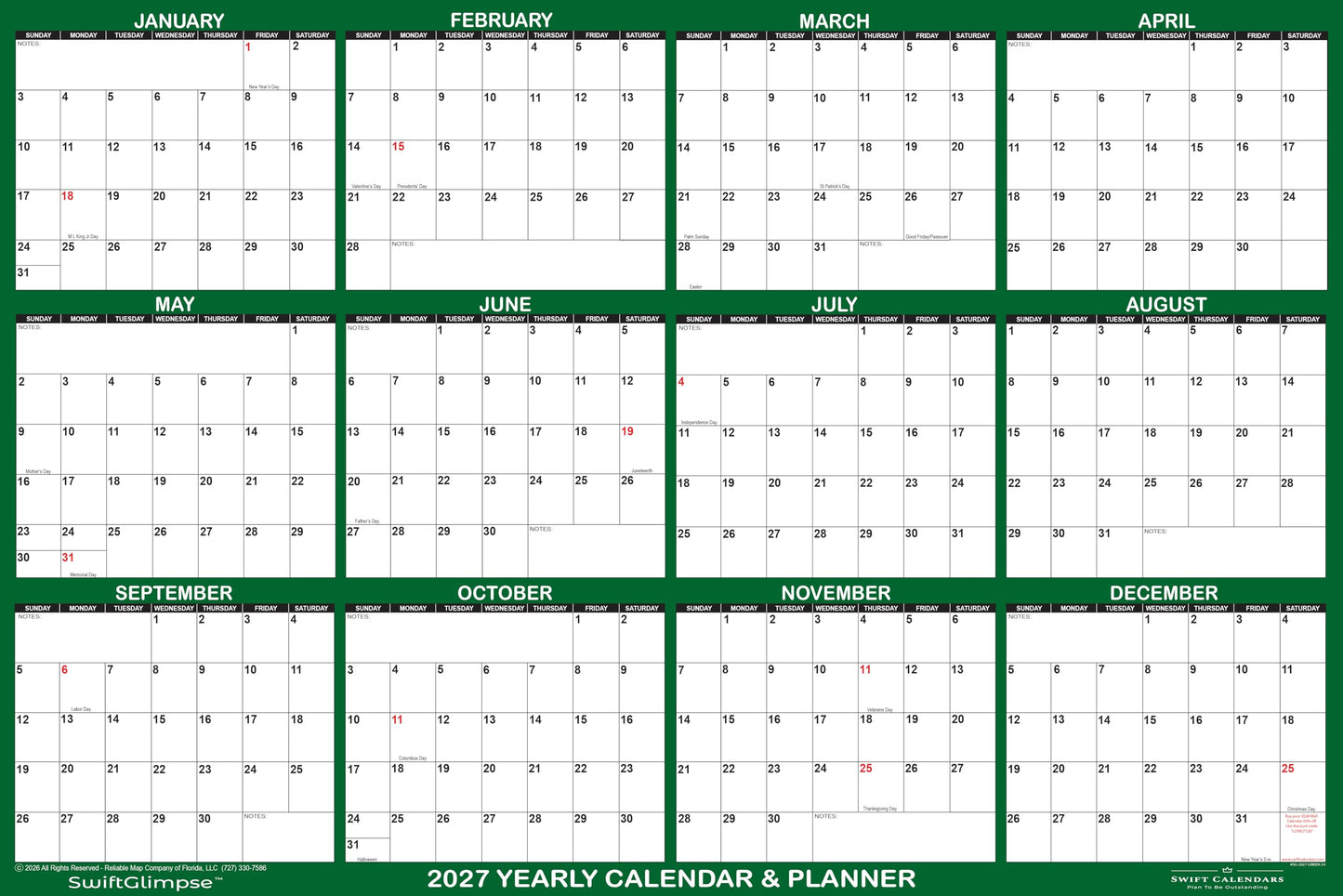 32" x 48" SwiftGlimpse 2027 Wall Calendar Erasable Large Wet & Dry Erase Laminated 12 Month Annual Yearly Wall Planner, Reversible, Horizontal/Vertical, GREEN