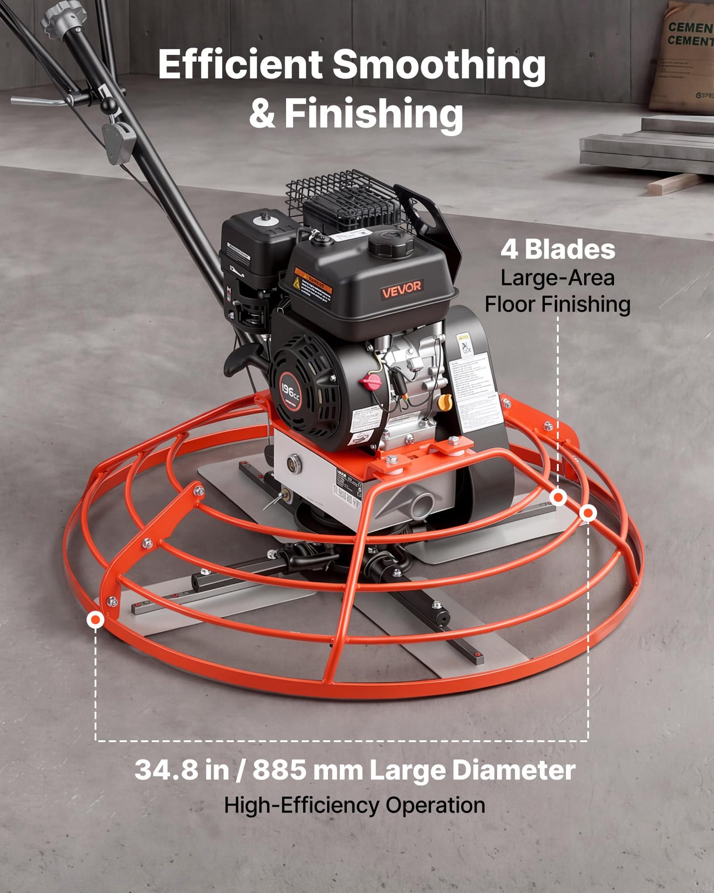 VEVOR Power Trowel, 34.8 inch Trowel Diameter Concrete Finishing Machine, 5.5HP Engine, 4 Blades, Adjustable Pitch, Gas-Powered Walk-Behind Cement Surface Finisher for Smooth Floors, Construction