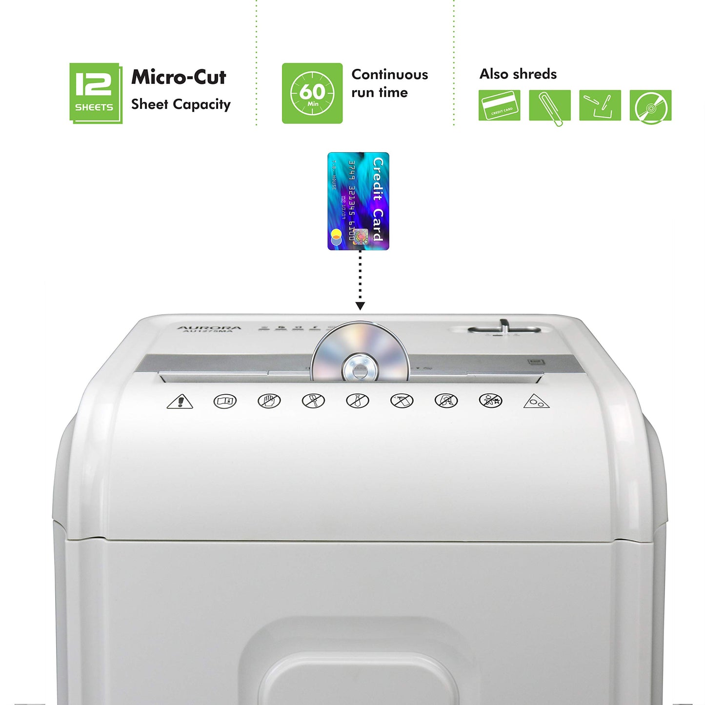 Aurora Professional Grade 12-Sheet Micro-Cut Paper and CD/Credit Card Shredder/ 60 Minutes Continuous Run Time, White/Gray