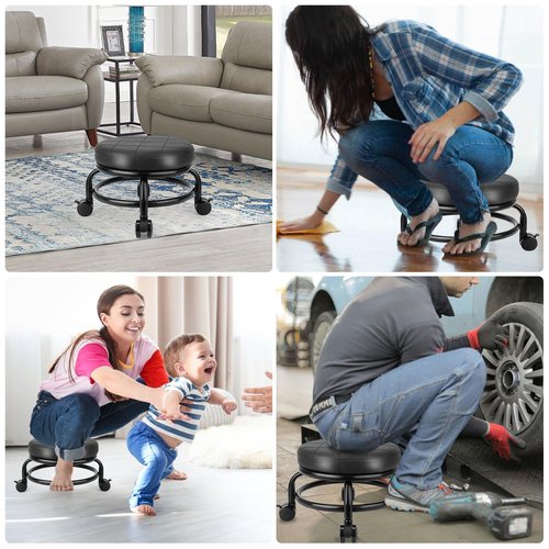LWADALN Low Roller Stool Low Height Rolling Stool Seat PU Leather Small Chair Foot Stool Round Rolling Stools for Home Office Garage Shop (Black)