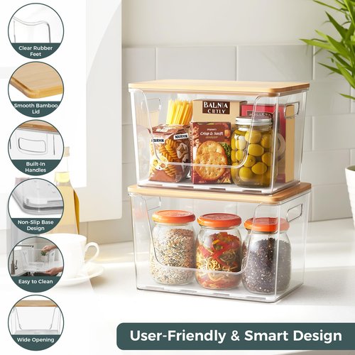2 Set Pantry organizers and Storage,Trash Bag Holder Under sink Organizer for 4-13 Gal Bags,Trash Bag Dispenser with Bamboo Lids and Stackable Clear Bins for Potato, Onion, Garlic, Fruit, Vegetables