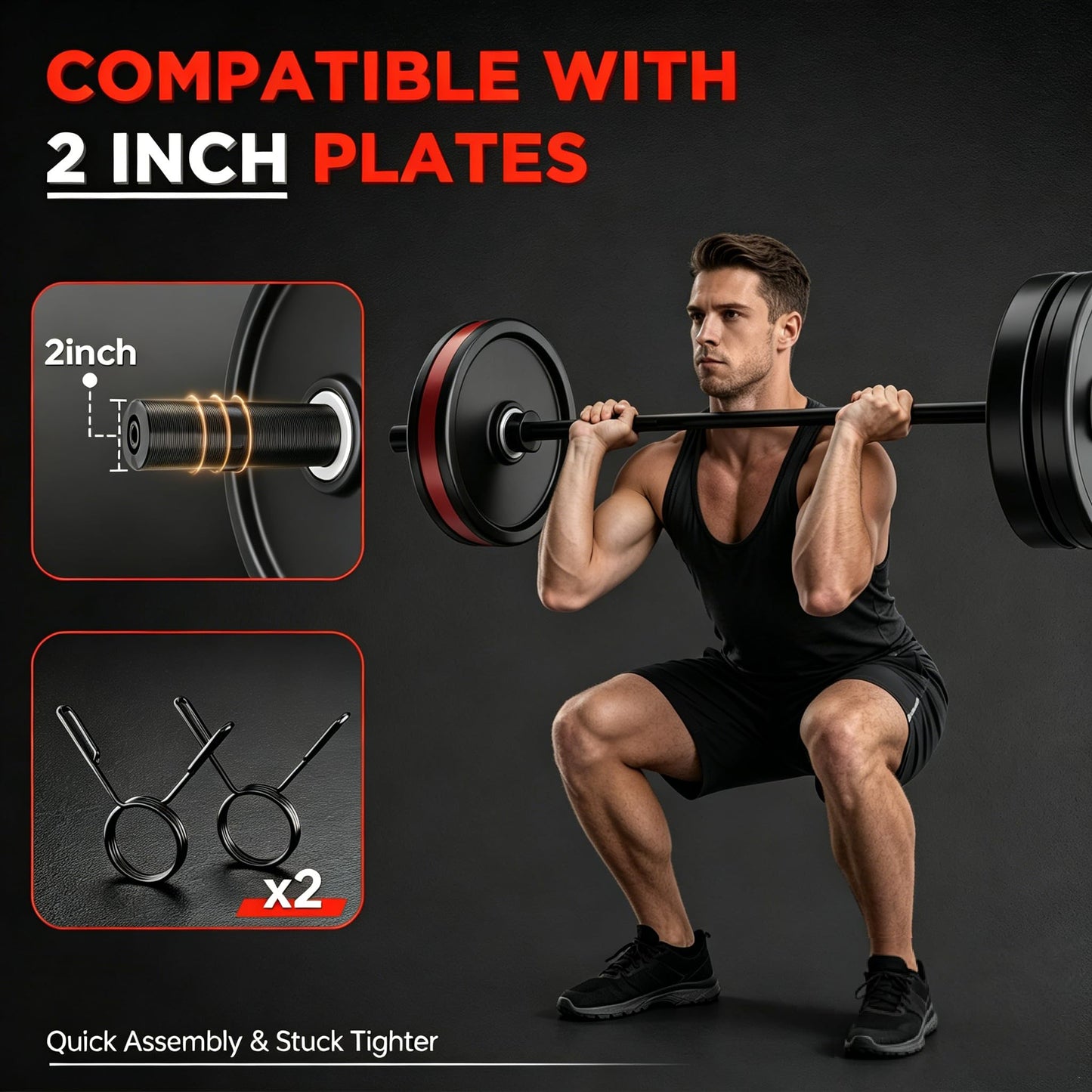TEEMOO Olympic Barbell Bar, 57" Barbell Bar with 2 Spring Collars, Strength Training bars, Bench Press bar for Weight Lifting, Squat, Hip Thrusts, Biceps, 500lb Weight Capacity, E-Coat Finish for 2 inch Weight Plates (Black)