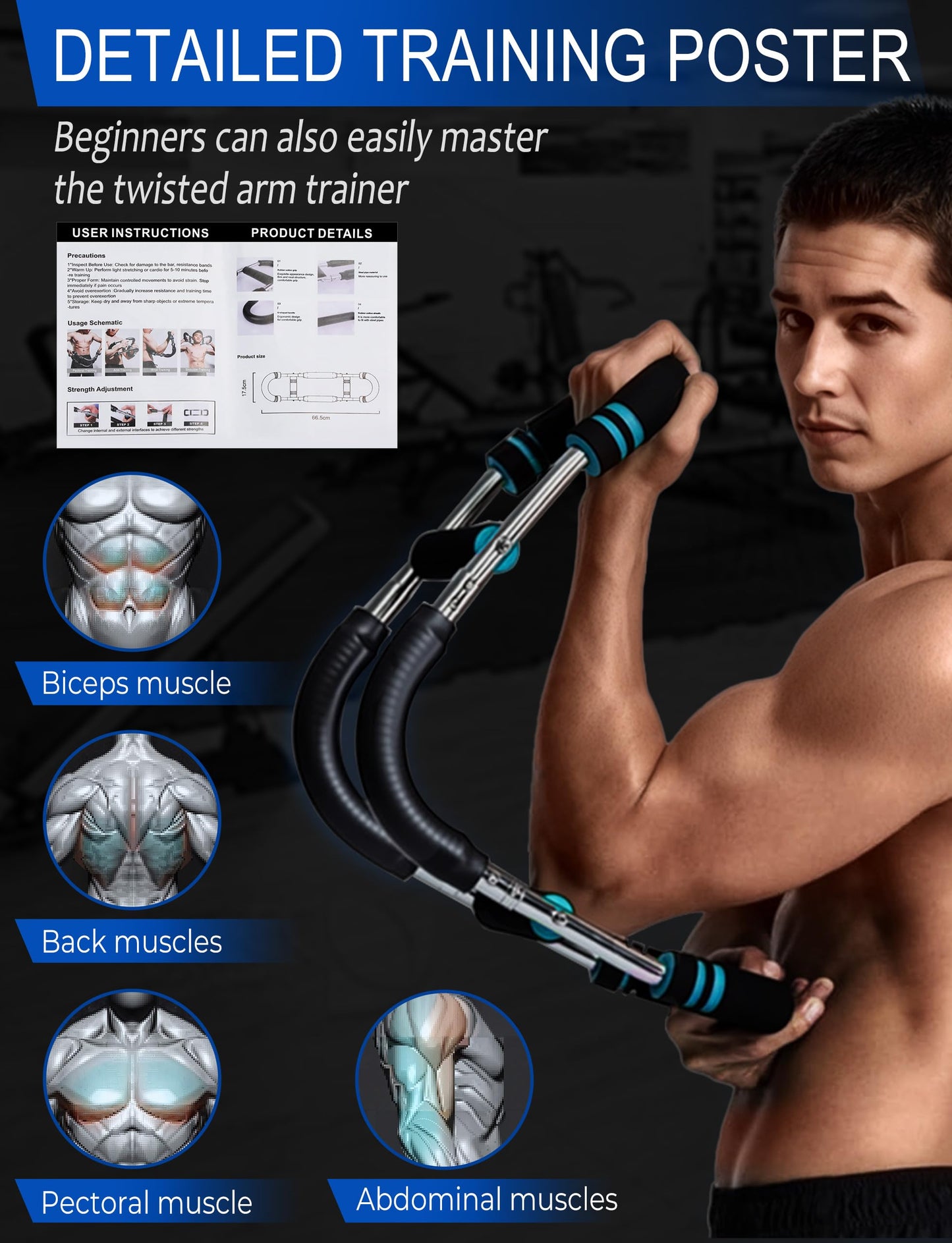 Vivixin Adjustable Twister Arm Trainer, 4 Spring Chest Workout and Arm Exerciser with 30-110 lbs Resistance for Men, Detachable Home Strength Training Fitness Equipment with Poster