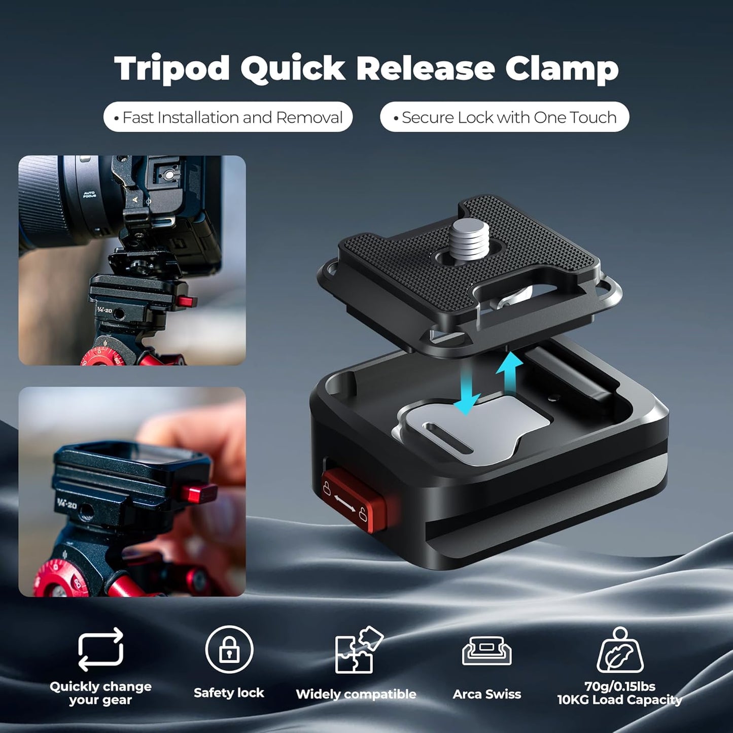 FREEWELL 1/4"-20 10kg, Tripod Quick Release Clamp for Fast Camera Mounting, Aluminum Build with Screw, Supports