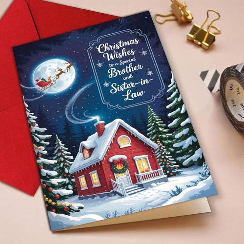 Christmas Wishes Card for Brother & Sister-in-Law - Cozy Winter Cottage Design | Festive 5.3''x8'' with Red Envelope