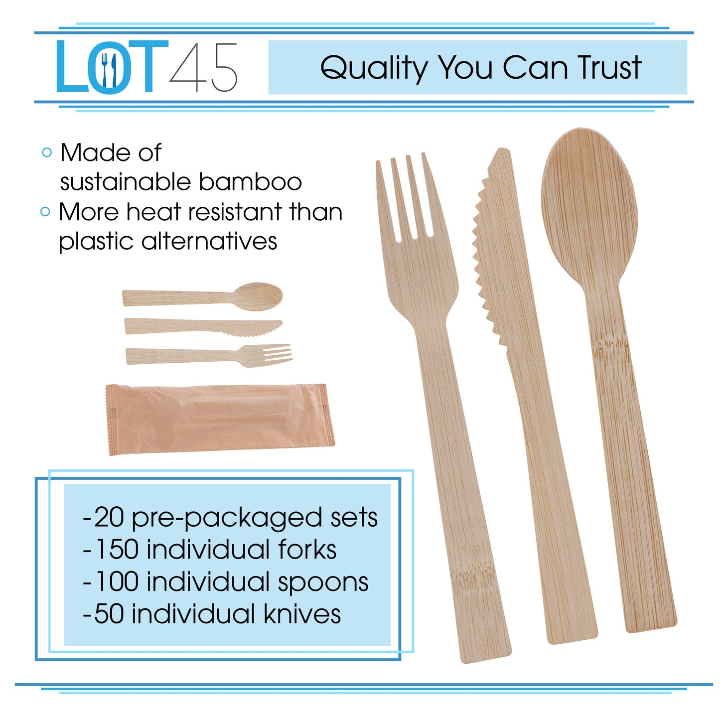 Lot45 Bulk Bamboo Utensils Set 360pc - Recyclable Cutlery Set Includes 20 Bonus Packaged Sets of Disposable Silverware