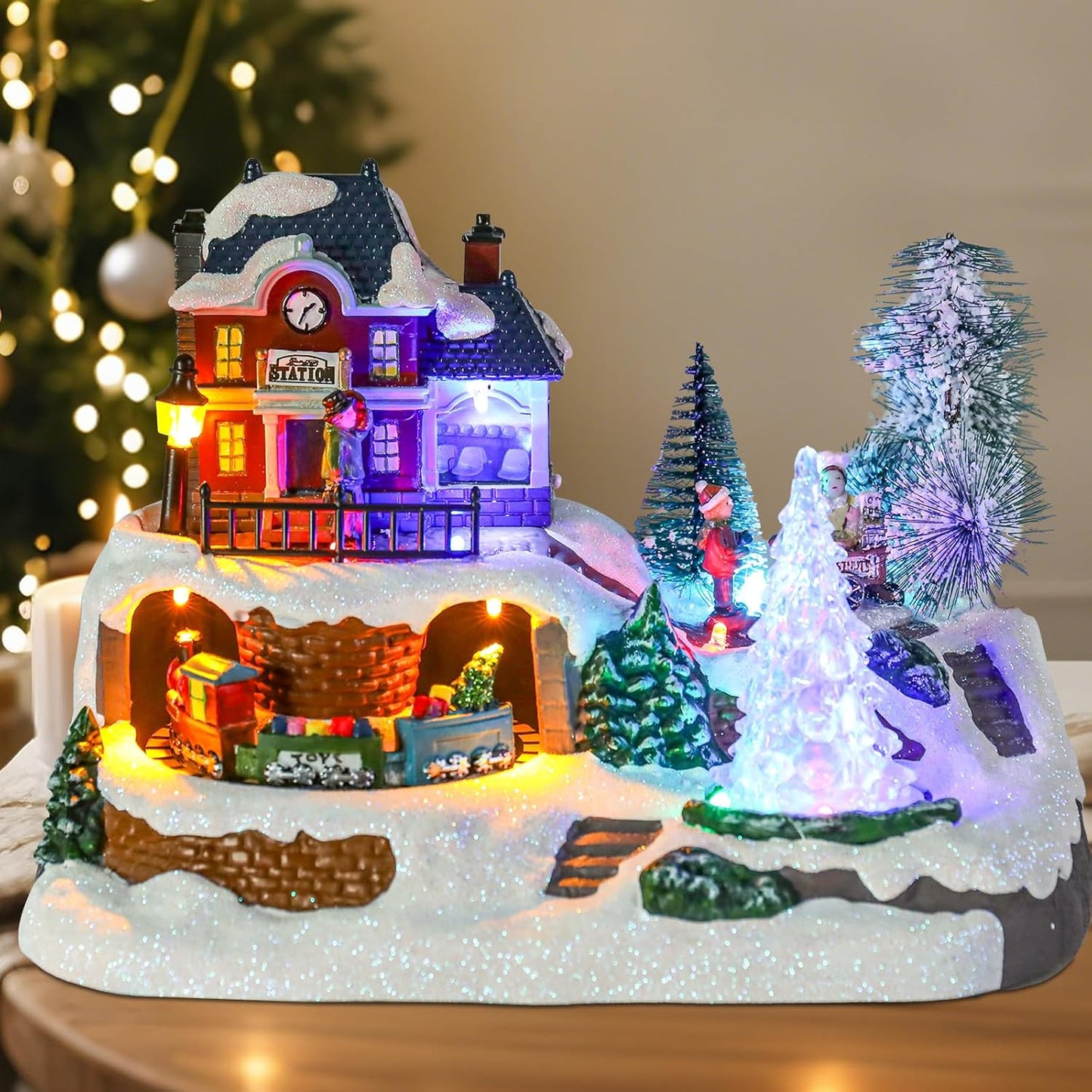 Wonder Garden Christmas Village Houses - Lighted Musical Railway Station with Moving Train & Animated Figurines for Indoor Decor