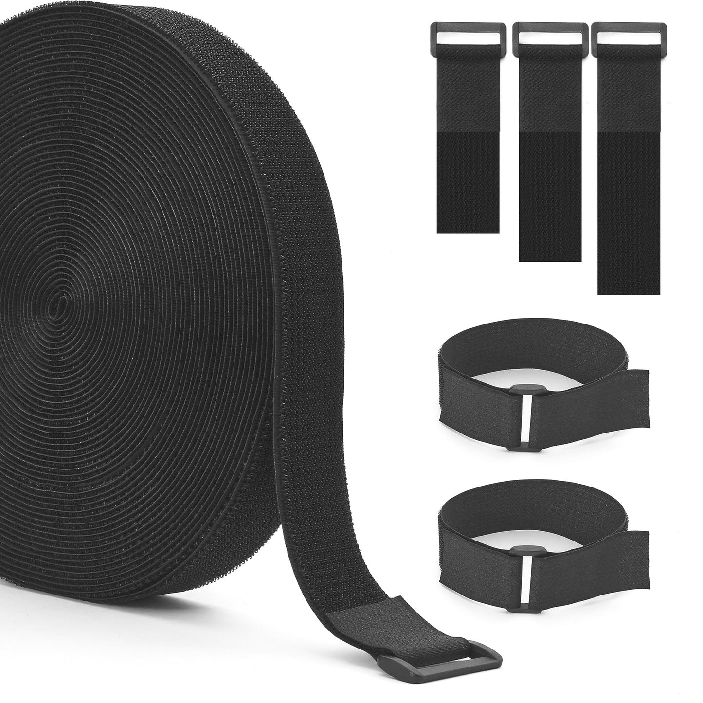 GDSZ LAERSI 1.5In x 20Ft Cinch Straps Nylon Heavy Duty with 25 Buckles, Cut to Length, Black Hook and Loop Straps, Reusable Long Cable Ties for Storage and Cord Organizer
