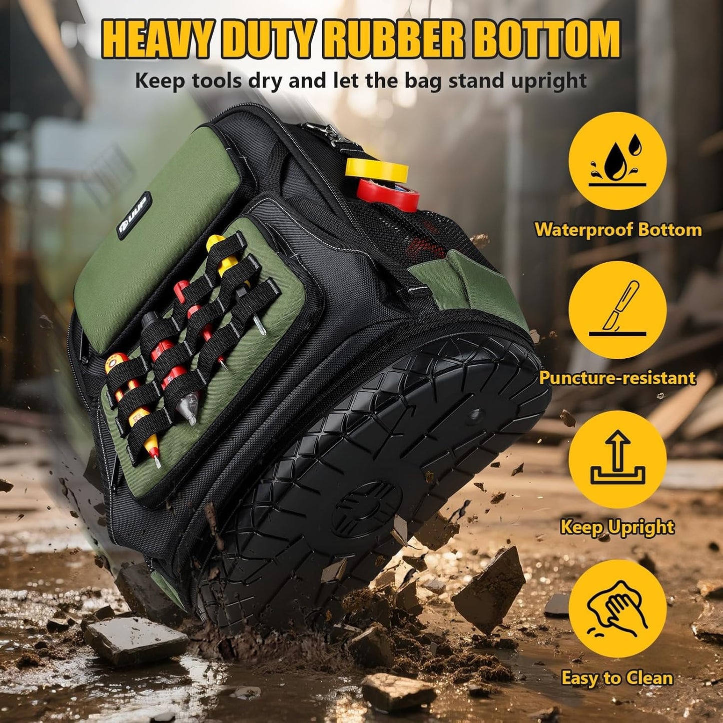 UUP Heavy Duty Tool Backpack - Large Waterproof Tool Organizer with Molded Hard Bottom | Ideal for Electricians & Contractors