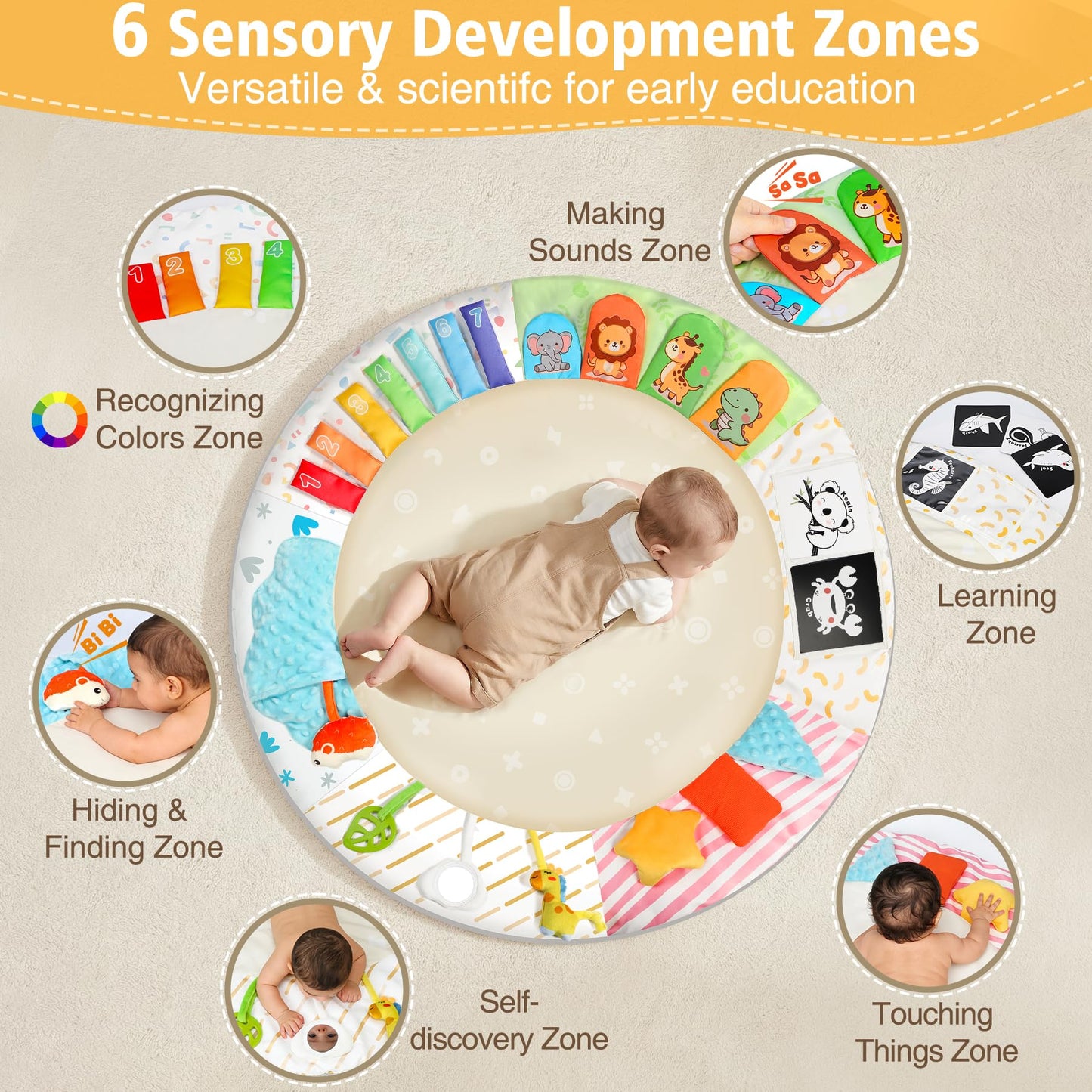 URMYWO Tummy Time Mat - Comfortable Baby Floor Play Mat Activity Gym for 0-3-6-18 Months, 6 Developmental Zones with 5 Detachable Toys for Motor Skills Sensory Development, Baby Essentials Shower Gift