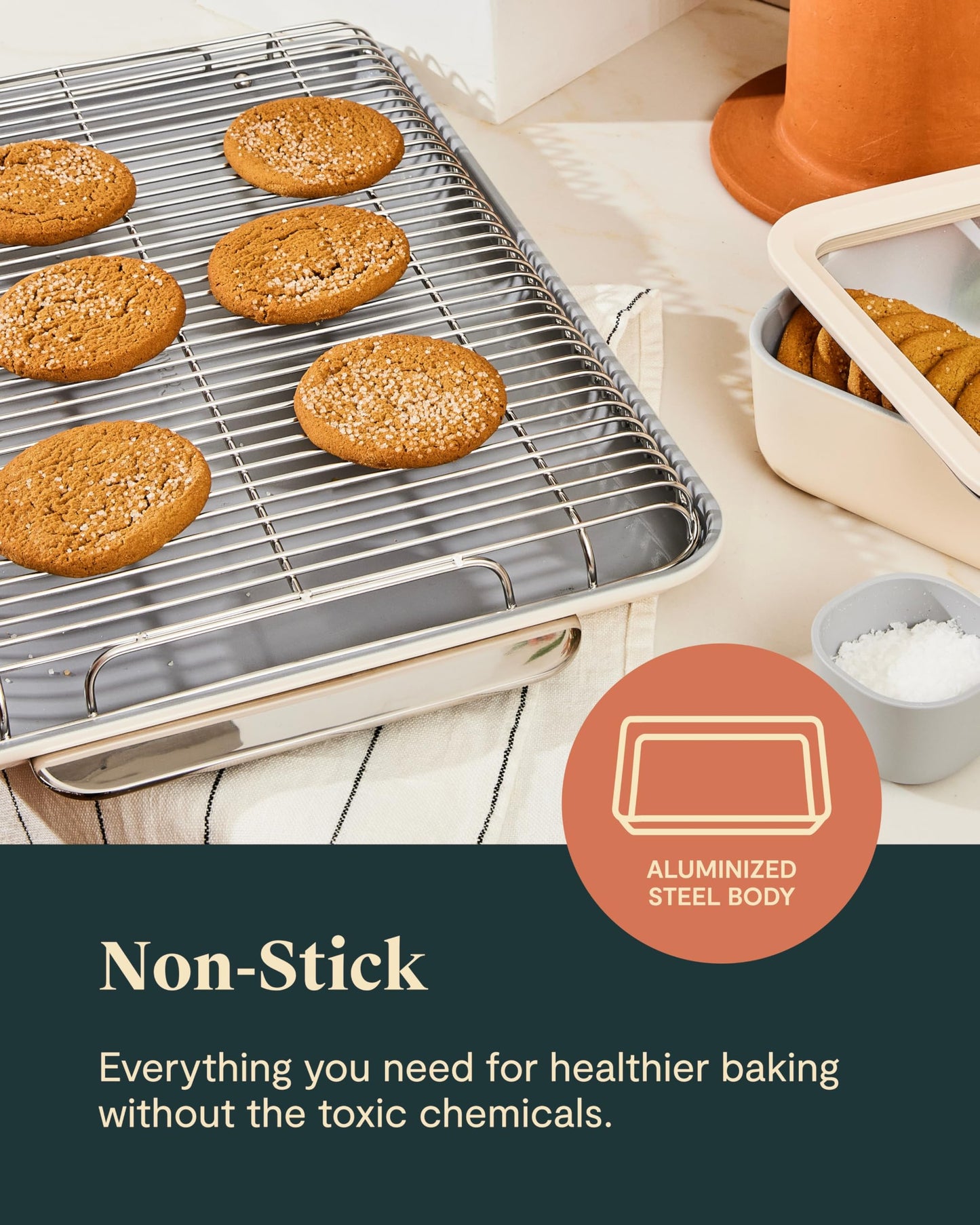 Caraway Nonstick Ceramic Bakeware Set (11 Pieces) - Baking Sheets, Assorted Baking Pans, Cooling Rack, & Storage - Aluminized Steel Body - Non Toxic, PTFE & PFOA Free - Cream