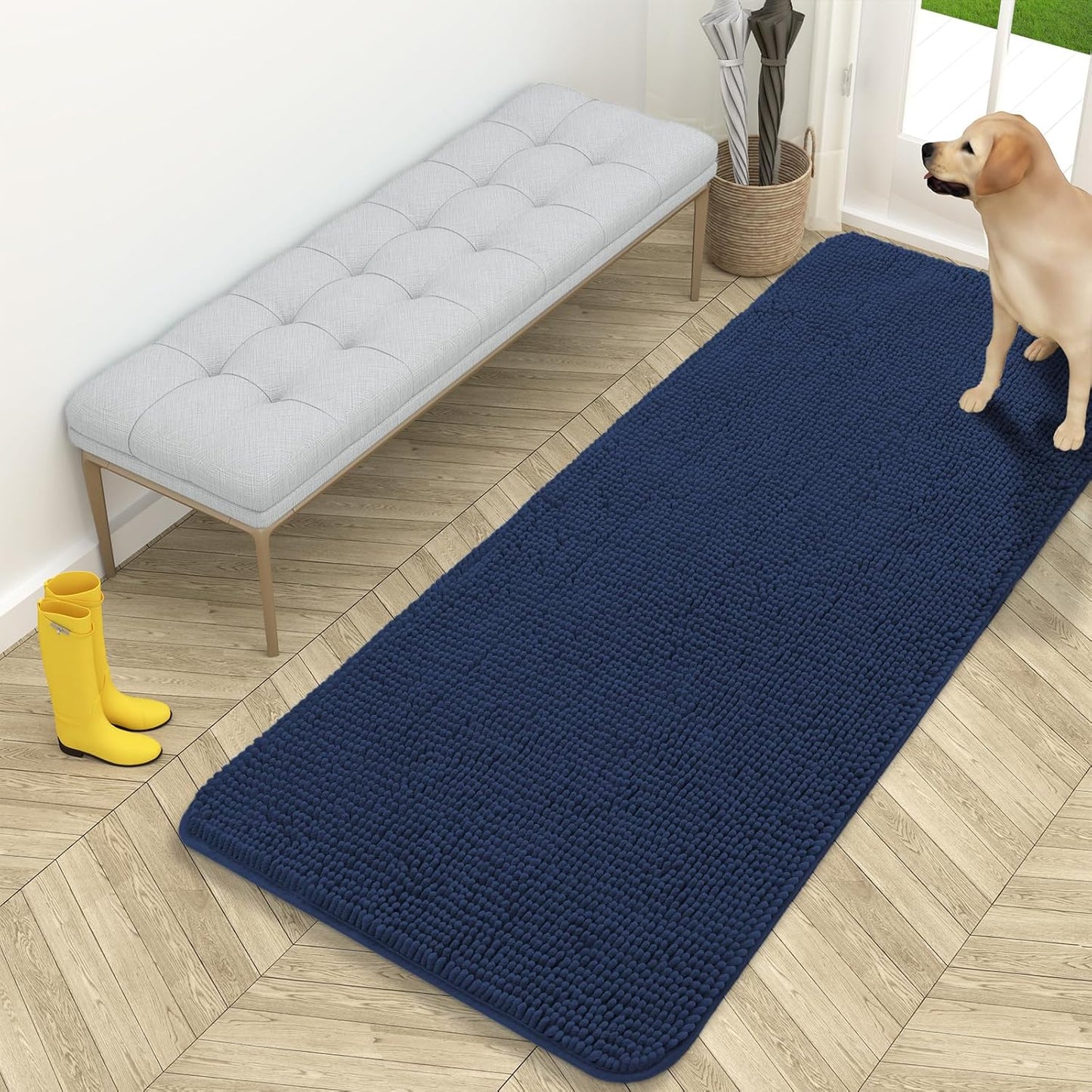 OLANLY Dog Door Mat - Absorbent Non-Slip Chenille Mat for Muddy Paws | 59x24 Inches, Dark Blue
