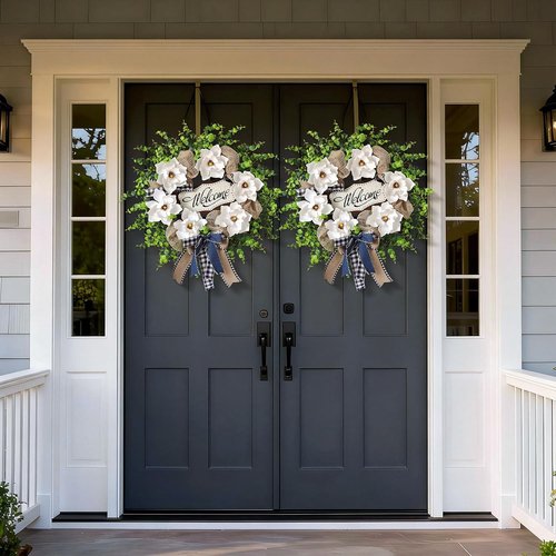 Artificial Magnolia & Eucalyptus Wreath - 24" White Flower Decor with Welcome Sign for Year-Round Home Entryway