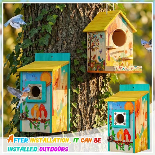 Liliful DIY Wooden Birdhouse Kit - 4 Pack Arts & Crafts Set with Paint & Brushes for All Ages | Indoor & Outdoor Fun