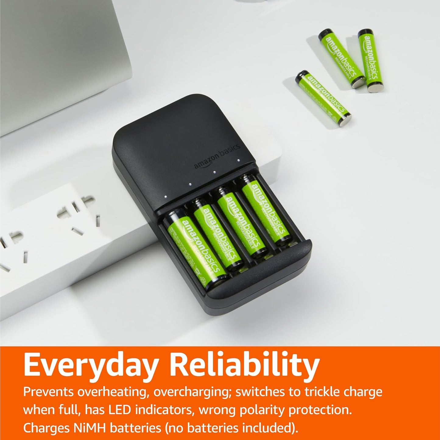 Amazon Basics 4-Bay, Smart Battery Charger for Rechargeable AA and AAA NiMh Batteries, Fast Charging with LED