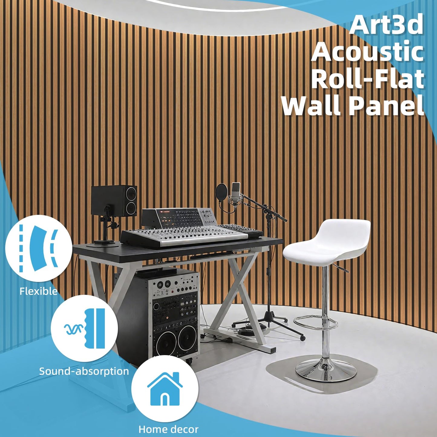 Art3d 2-Pack Acoustic Wood Slat Wall Panel with Roll-Flat Design - 95.3 x 23.8 Inch Sound Absorbing Panels for Living Room Columns Corridor Curved Wall Decor, Teak