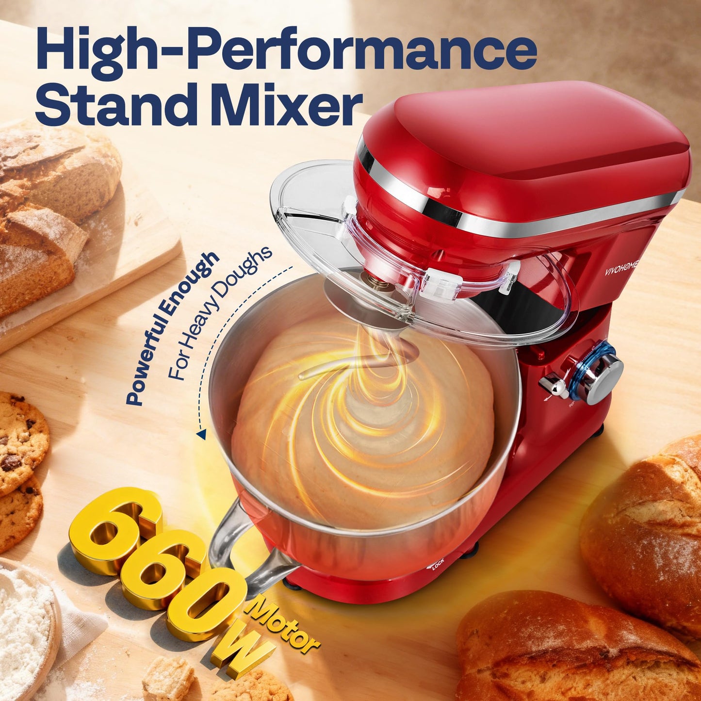VIVOHOME Stand Mixer, 660W 10 Speed 6 Quart Tilt-Head Kitchen Electric Food Mixer with Beater, Dough Hook, Wire Whip and Egg Separator, Red