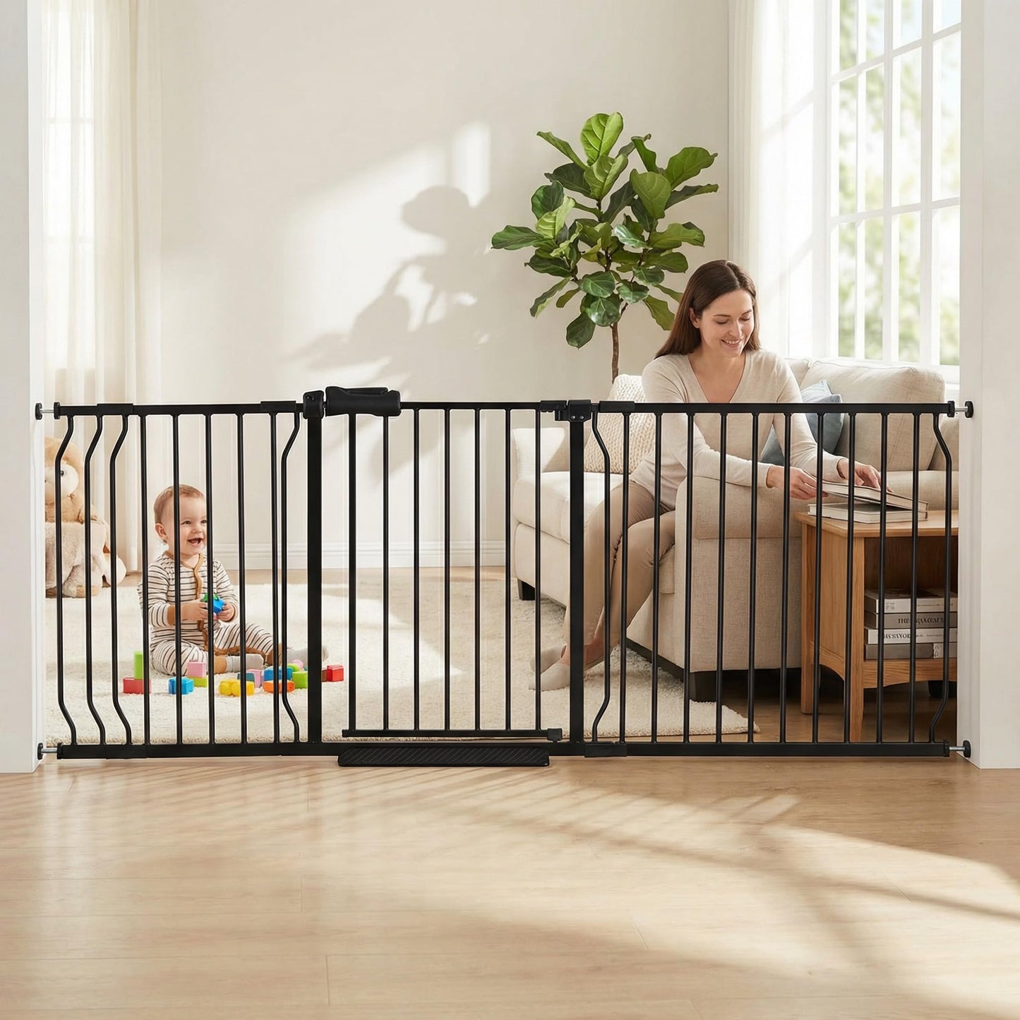 COSEND Extra Wide Baby Gate Tension Indoor Safety Gates Black Metal Large Pressure Mounted Pet Gate Walk Through Long Safety Dog Gate for The House Doorways Stairs (76.38"-81.10"/194-206CM, Black)