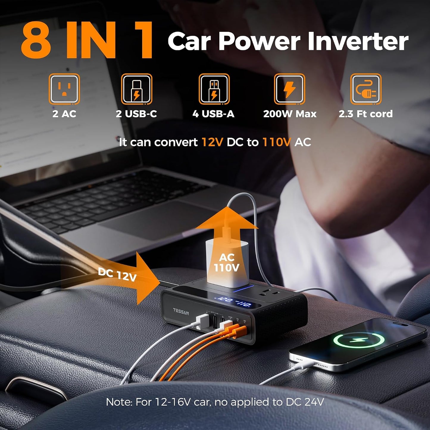 TESSAN 200W 12V 110V 2 6 36W 3.0 Car Power Inverter, DC to AC Converter with AC Outlets and USB Ports with USB-C, Car