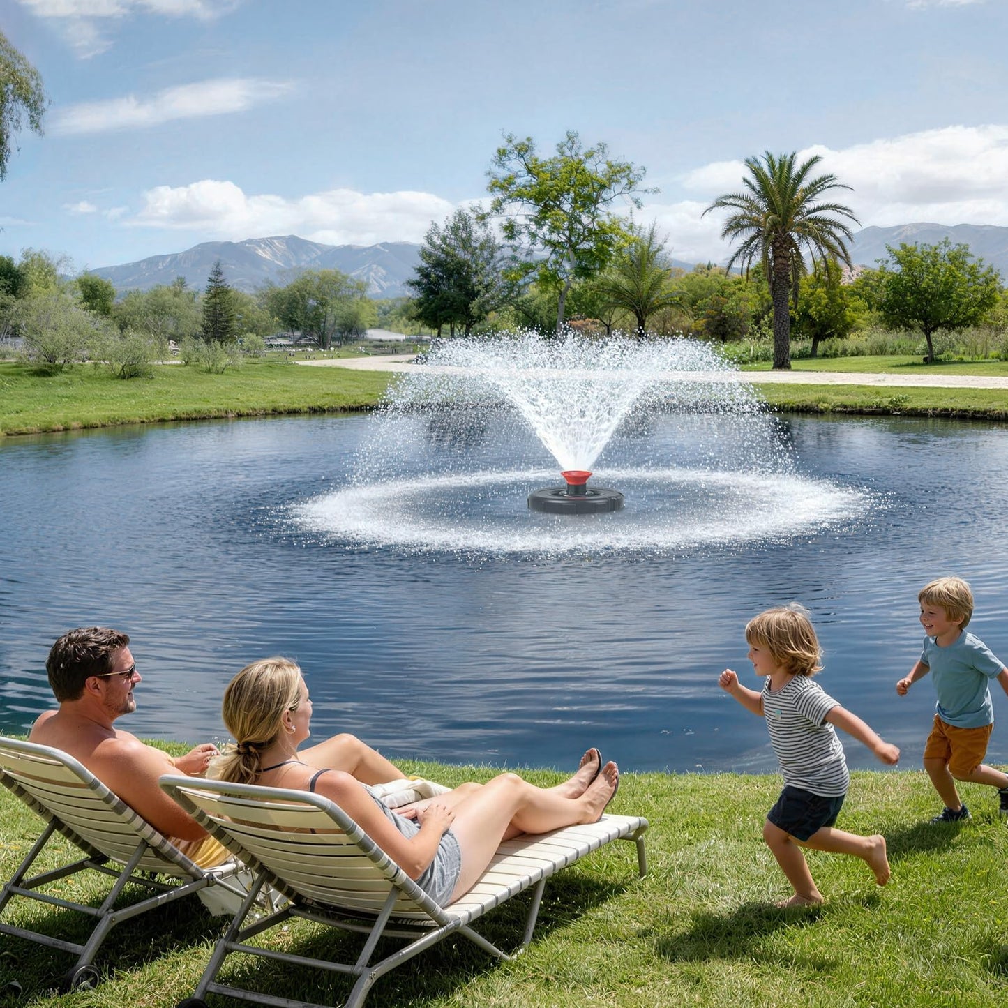 Pond Fountain Aerator, 1HP 110V 750W 15000 GPH Floating Fountain Pump with 100 FT Power Cord, 2 x 100 FT Rope, Timer, Fully Automatic Powerful Aerating Fountain for Larger Ponds, Lakes