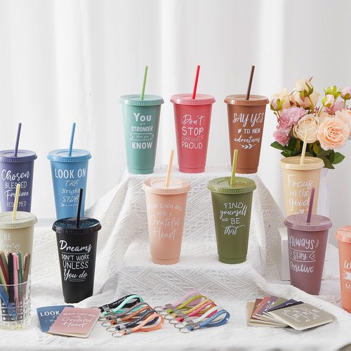 Hollowfly 24 Sets / 96 Pcs Inspirational Gifts Bulk for Employee Appreciation, 24 oz Plastic Cups and Pens Notebooks Keychains Set, Group Gifts for Office Staff Coworkers (Morandi)