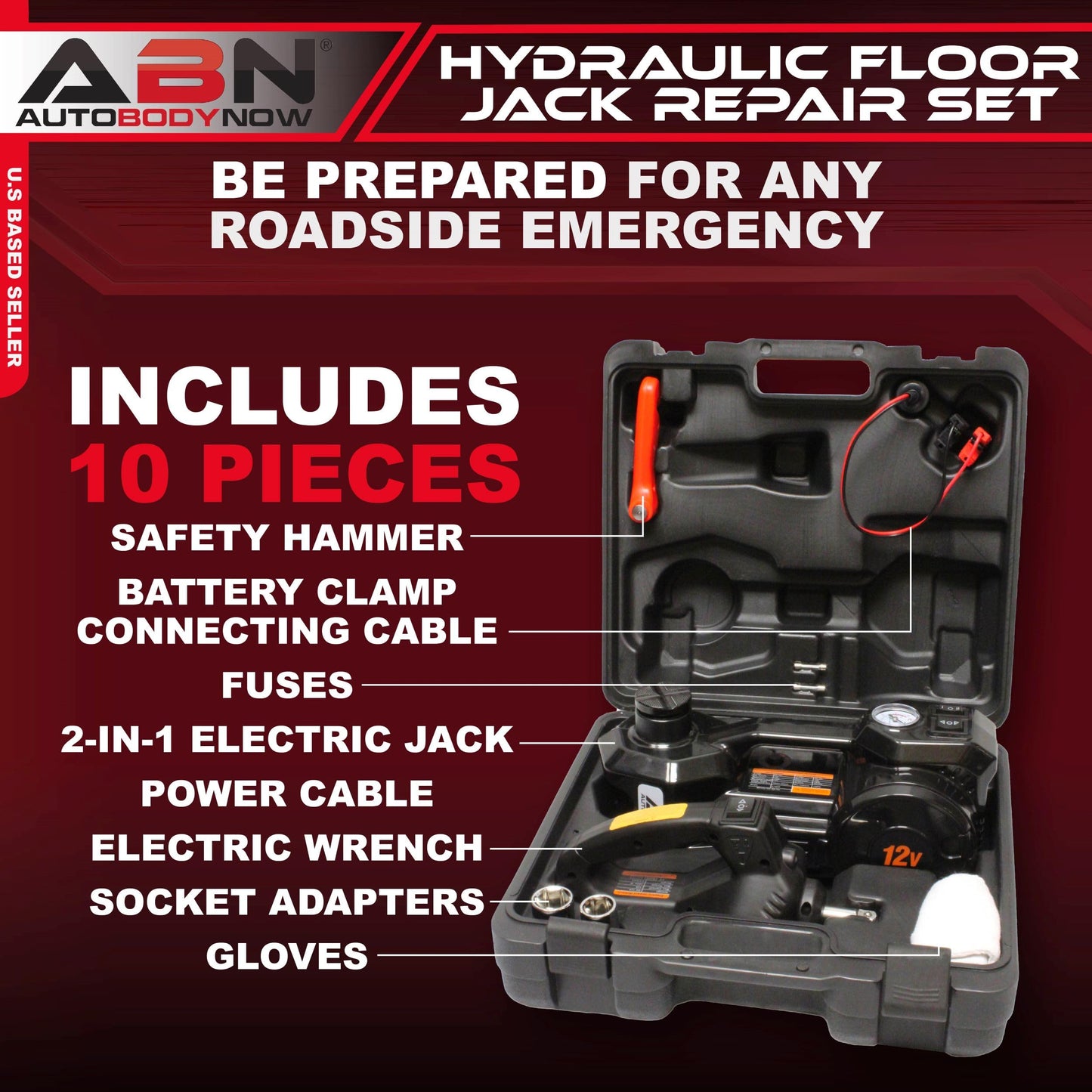 ABN 3-in-1 Electric 3-Ton Car Hydraulic Floor Jack, Tire Inflator Air Pressure Gauge, Impact Wrench Automotive Service
