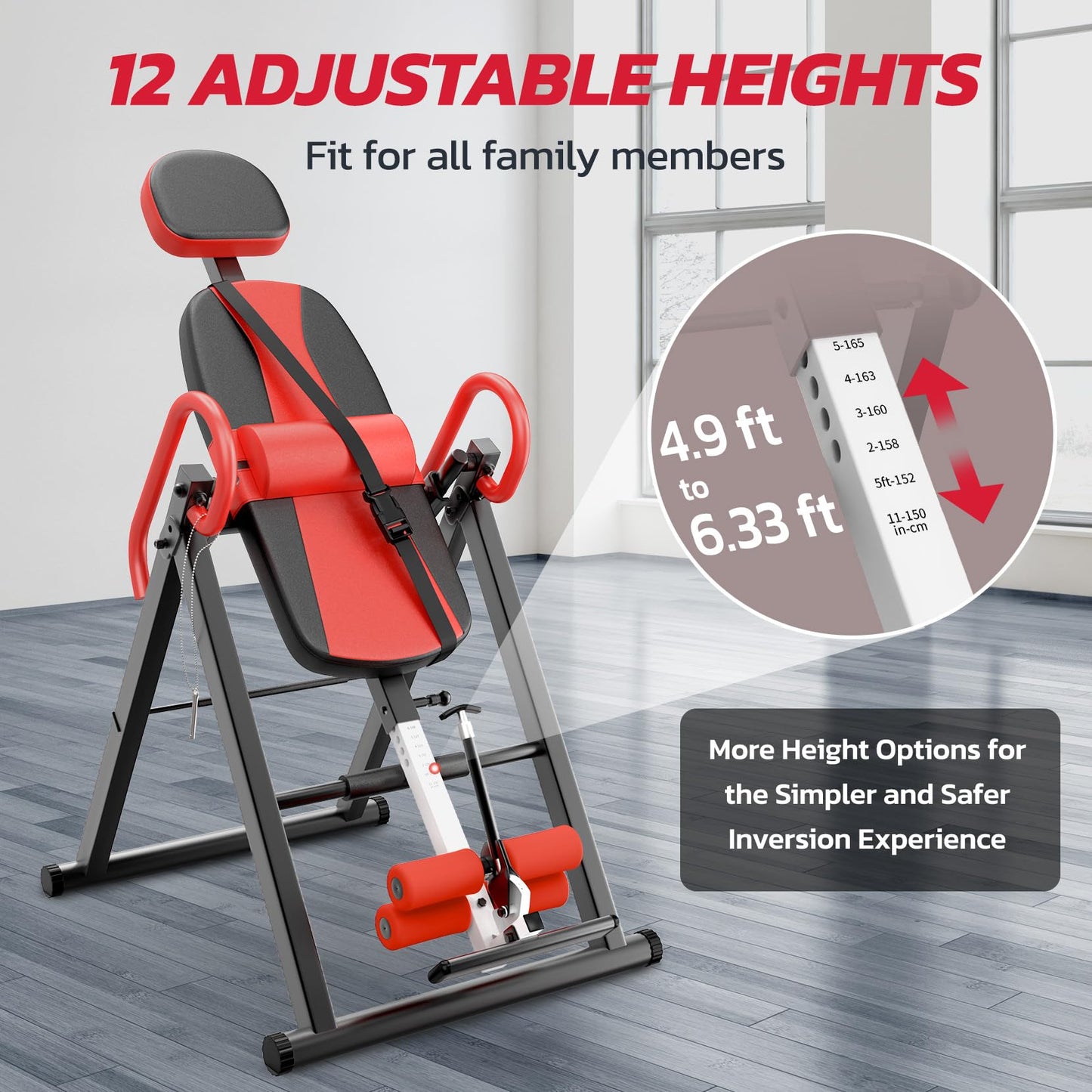 YOLEO Gravity Heavy Duty Inversion Table with Headrest & Adjustable Protective Belt Back Stretcher Machine for Pain Relief Therapy (Red02)