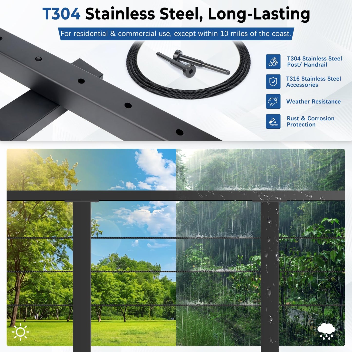 Zylorix 4ft-8ft Complete Set 42" Deck Cable Railing System with Handrail Cuttable, Modular T304 Stainless Steel Black Level Drilled Cable Railing Posts Kit with 1/8" Cable Railing Hardware
