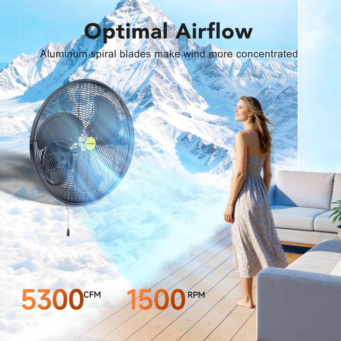 VAGKRI Wall Fan, 20 Inch High Velocity Metal Oscillating Wall Fan, 3 Speeds, 5300CFM Industrial Wall mounted Fan for Home Office Patio Garage Factory Greenhouse Warehouse Farm
