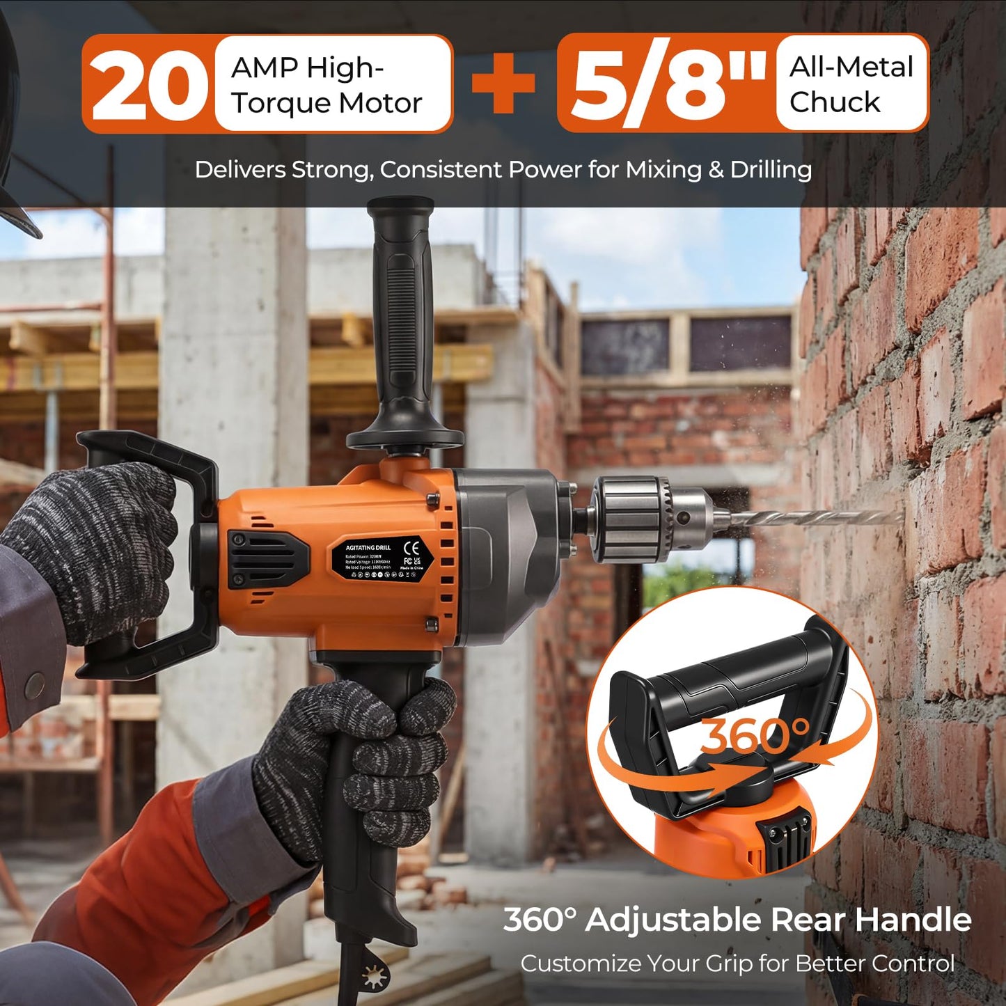 GEARPASS Drill Mixer Set, 20 Amp Corded Mixing Drill with 5/8" All-Metal Chuck, 1100 RPM Heavy Duty Concrete Mud Mixer with 360° Adjustable D-Handle for Cement Mortar Paint Grout Plaster Thinset