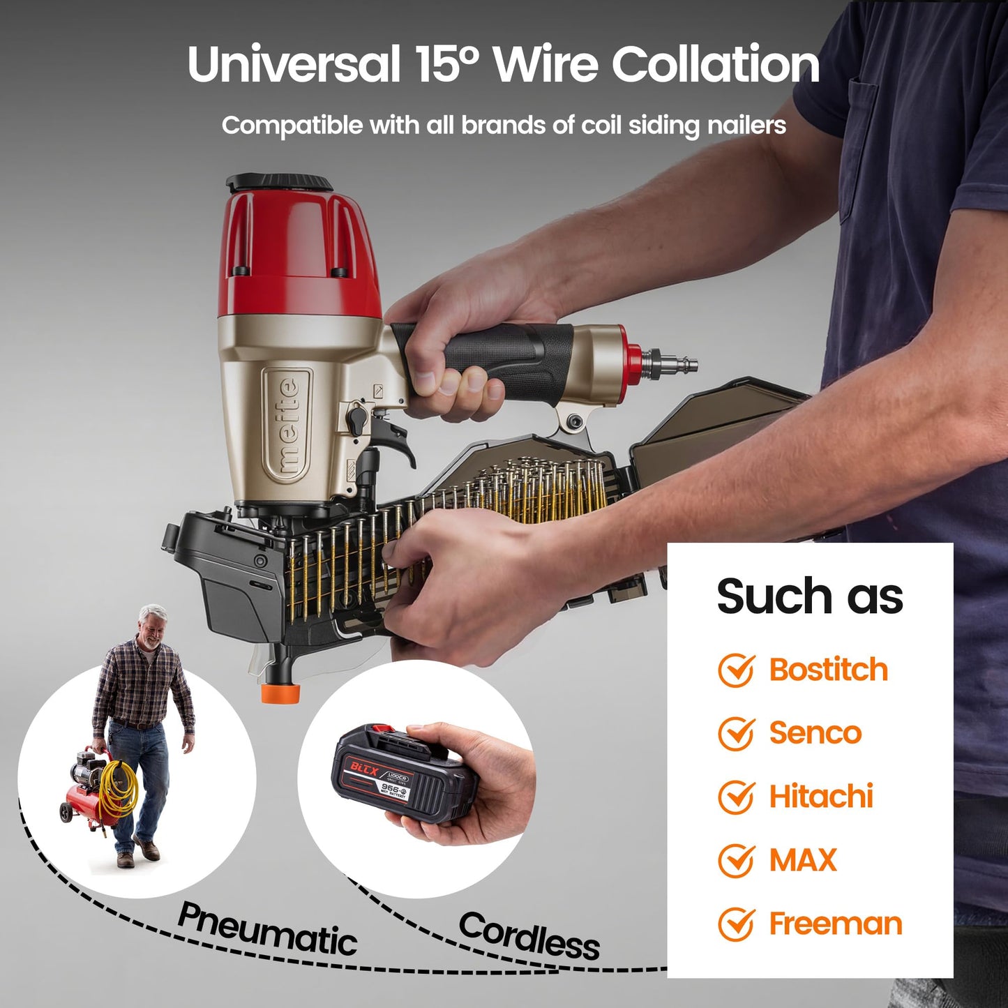 meite NP45 Pneumatic Nail Remover with Spare Driver + 2700PCS 15° 3-Inch Coil Nails – Heavy Duty Air Punch Denailer for 2-6mm Fasteners & Reclaimed Wood, Bonus Driver Pin for Less Downtime