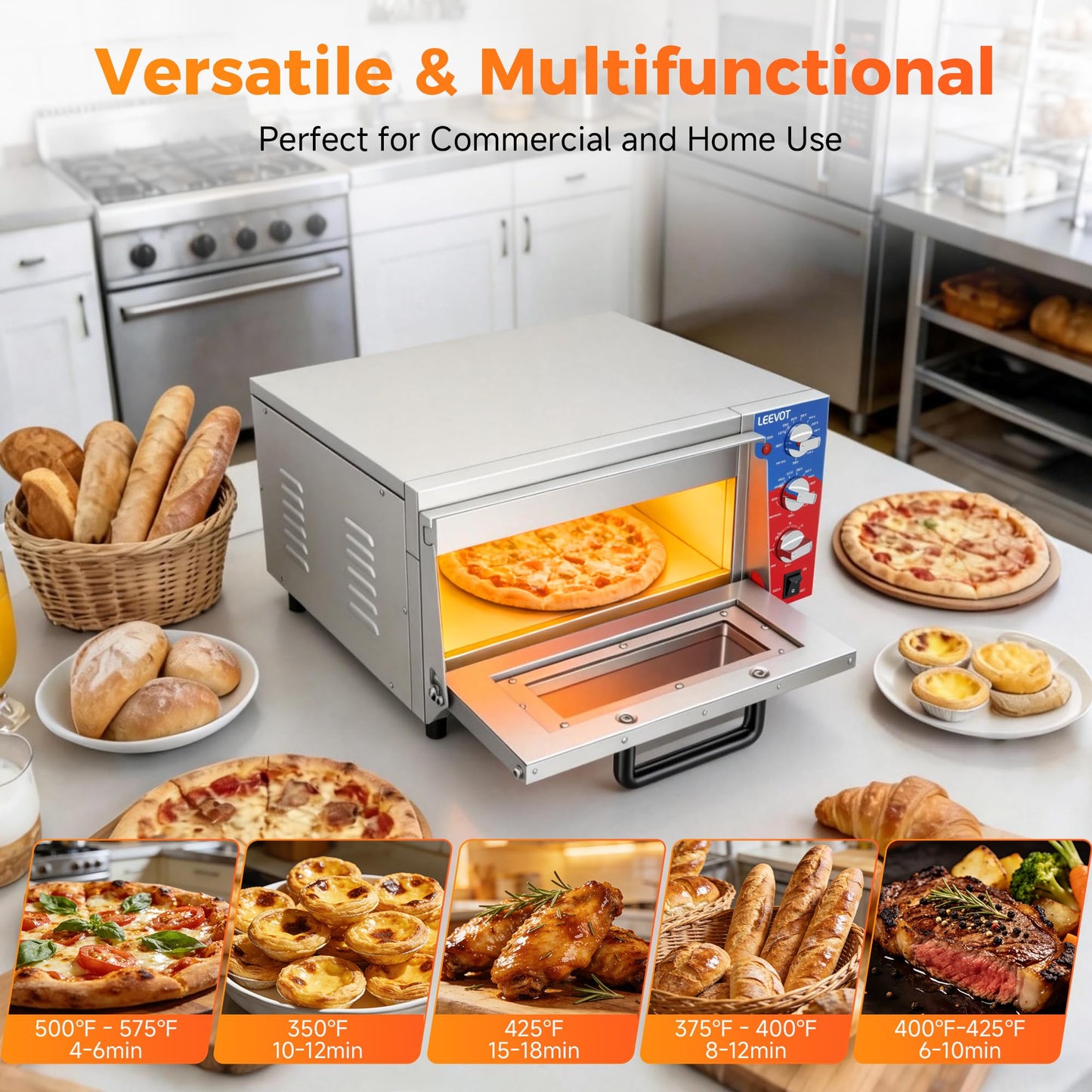 LEEVOT 16" Single-Deck Commercial Pizza Oven | 1800W Countertop Electric Pizza Maker with Timer & Ceramic Stone | ETL Certified 120V for Restaurant, Food Truck, Home Kitchen