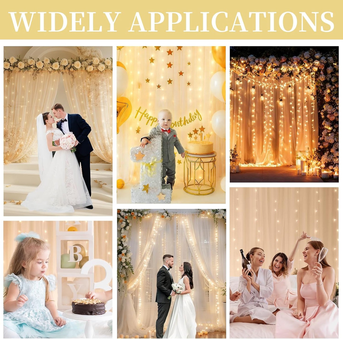 EMART 10x10ft Champagne Tulle Backdrop Curtains with Lights String,Sheer Backdrop Curtains for Wedding, Baby