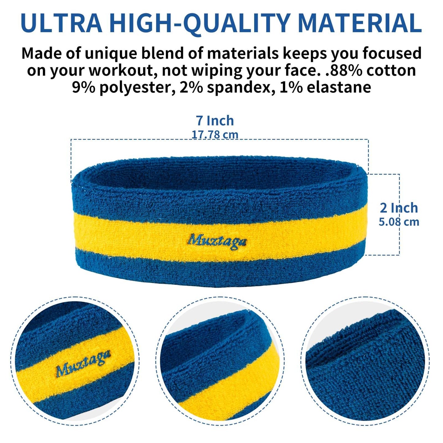 [3-Piece Set] Sweatbands for Men & Women - Includes 1 Headband & 2 Wristbands - Blue & Yellow Terry Cloth Athletic Sweat Bands - Moisture Wicking for Basketball, Tennis, Gym, Running