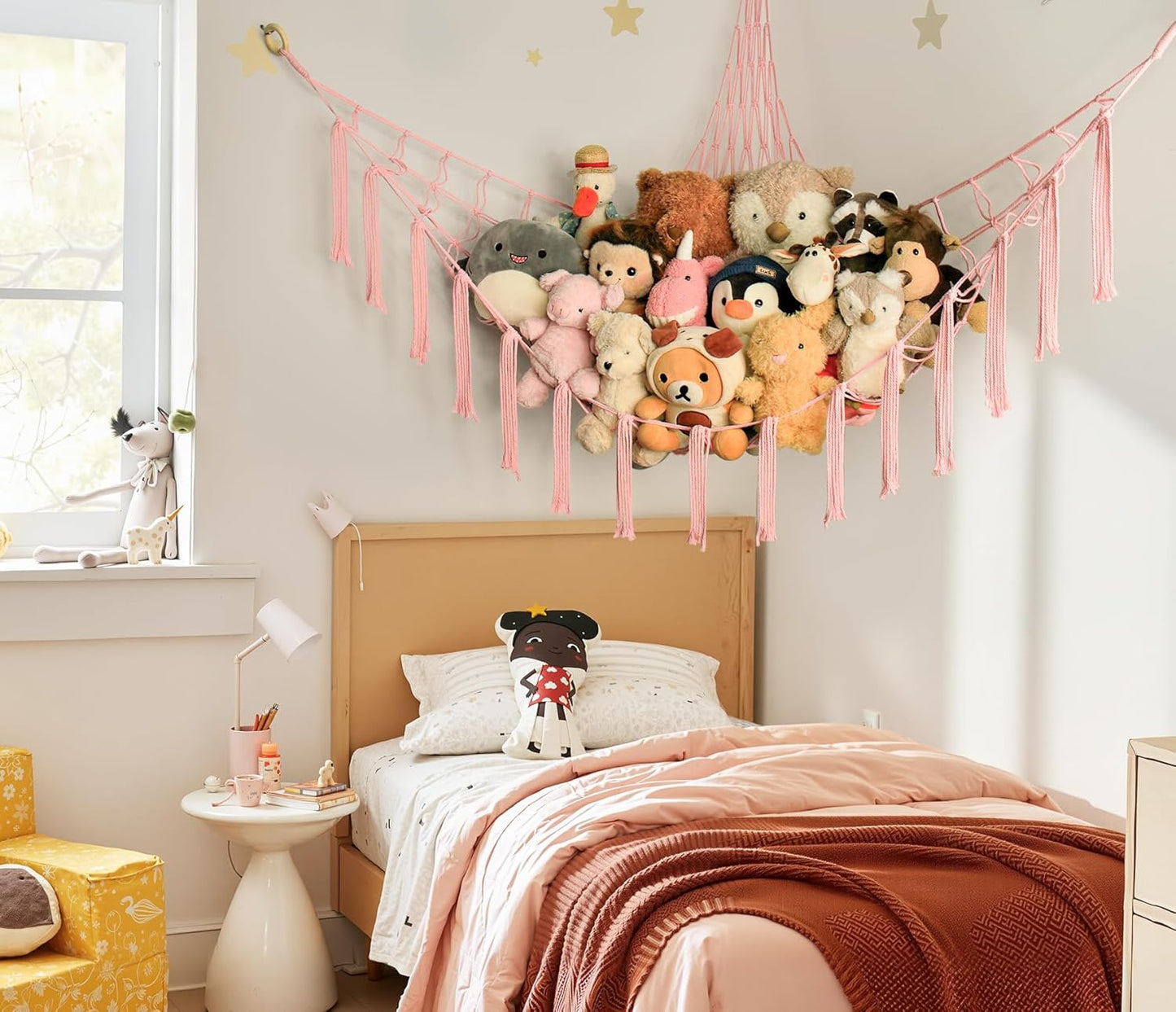 Skiennix Stuffed Animal Storage Hammock - Pink Corner Net Organizer for Teen Girls' Room Decor