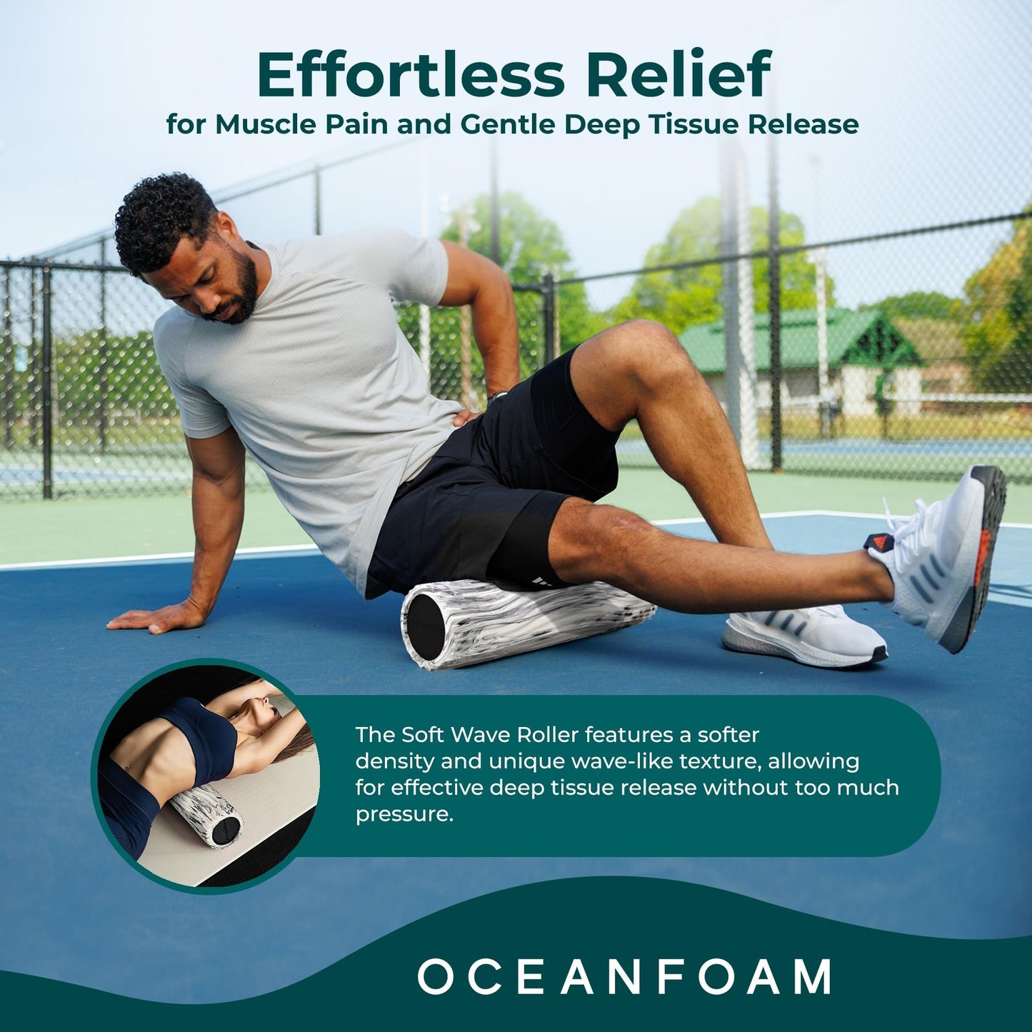Oceanfoam Soft Tidal Roller (Black Marbled) - Low Density Foam Roller for Physical Therapy, Back Pain, Excercise & Stretching - Wave Textured - Yoga, Athletics, & Wellness - Full Size, 20" x 5"