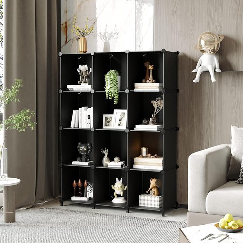 AWTATOS Cube Storage Organizer - Stackable 12-Cube Plastic Shelves for Closet & Home - Black