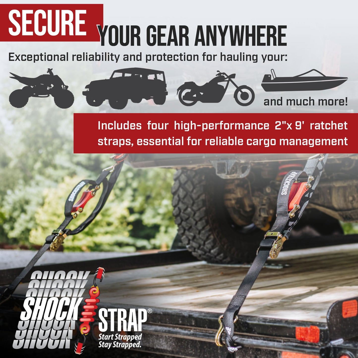 SHOCKSTRAP Ratchet Strap, 9' x 2" Shock Absorbing Heavy Duty Tie downs for Cargo, 2,000 LB WLL / 6,000 LB Break Strength, 4-Pack