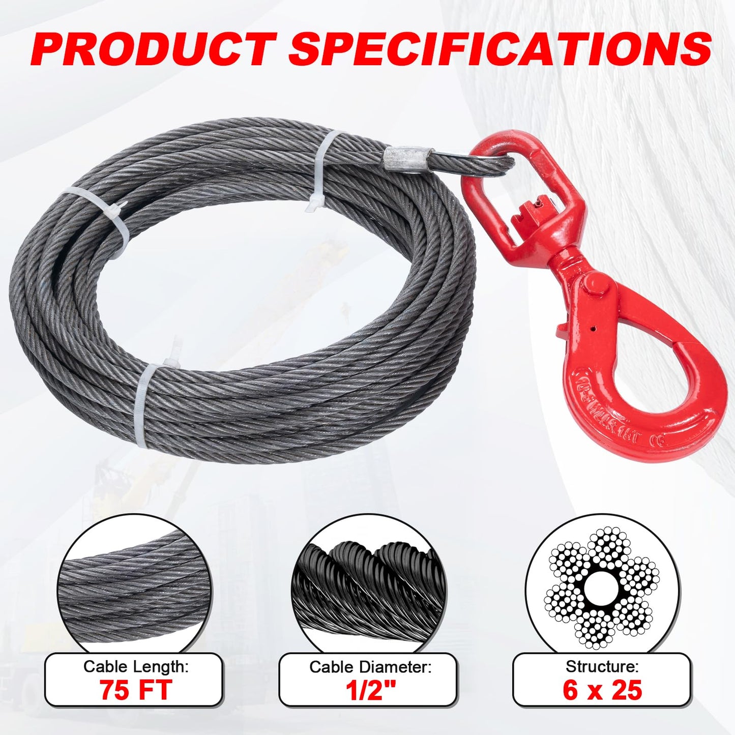 SajoSolid Winch Rope with Safty Hook, 1/2 Inch x 75 Feet Heavy-Duty Tow Cables with Hooks, 6×25 Stranded Steel Core Winch Cable, 24,000 lbs Breaking Strength for Trailers and Cranes