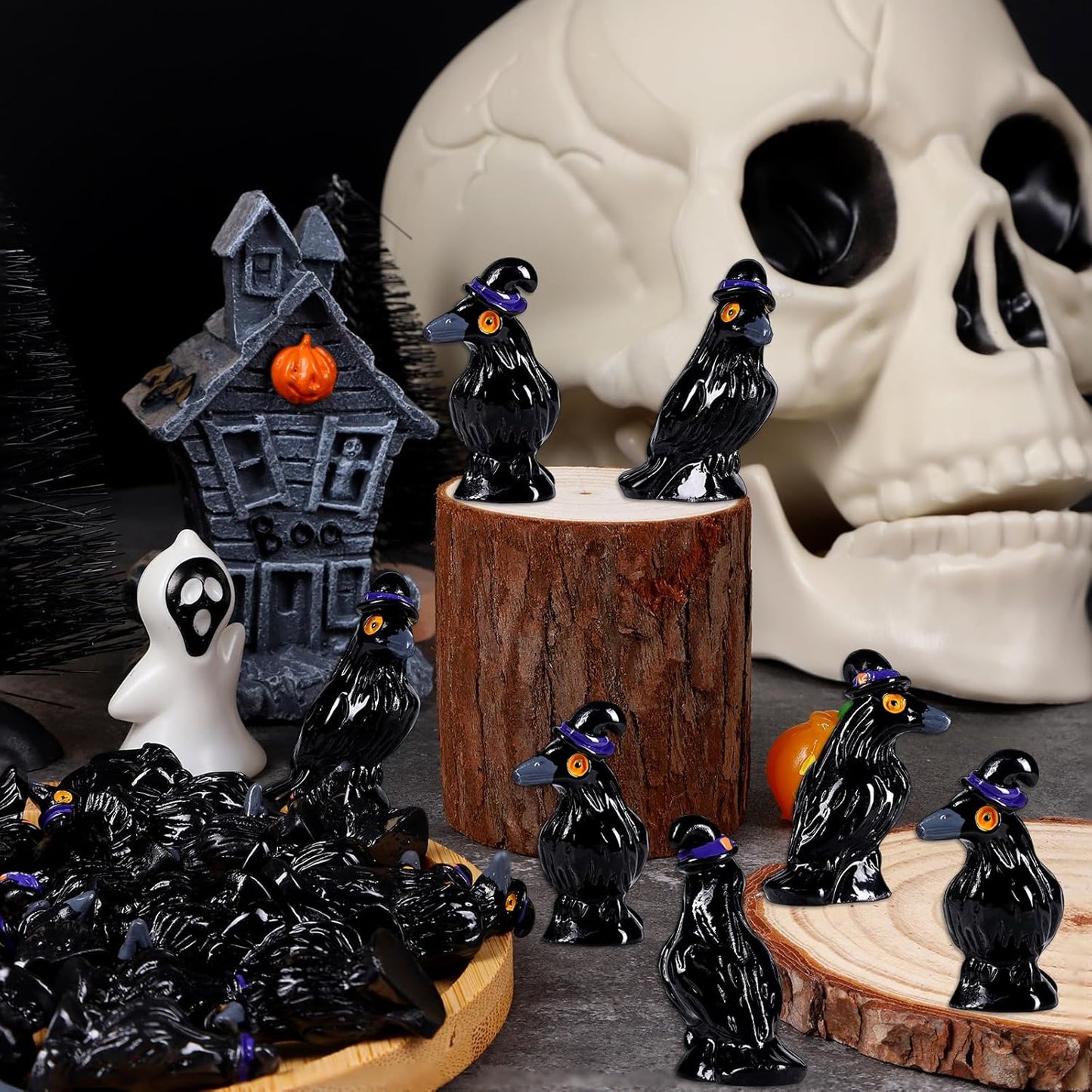 Skiennix Mini Resin Crows - 100 Pcs Black Raven Figurines for Halloween Decor & DIY Crafts