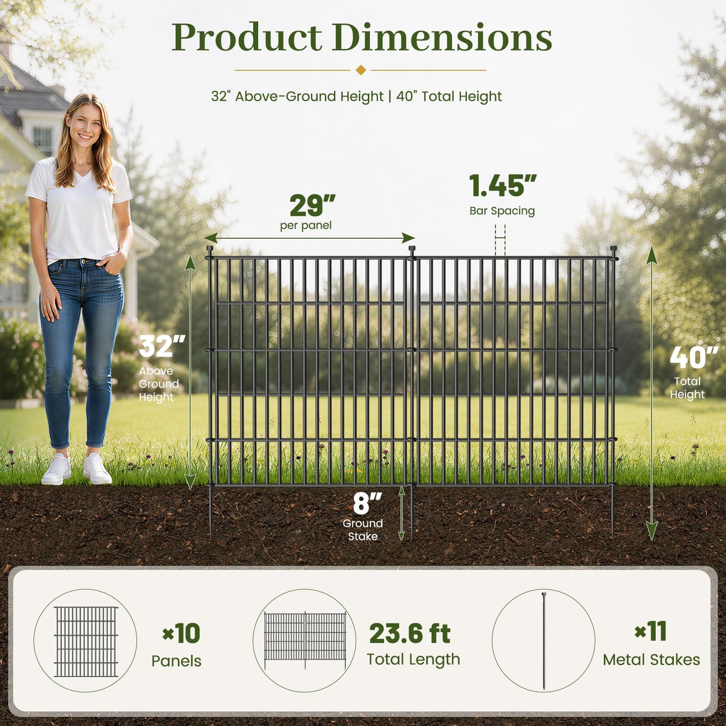 10 Panels No Dig Decorative Outdoor Garden Fence for Yard, 32 in(H) X 23.6 ft(L) Animal Barrier Fencing Rustproof Metal Wire Panel Border for Dog, Rabbits, and Patio Temporary Ground Stakes