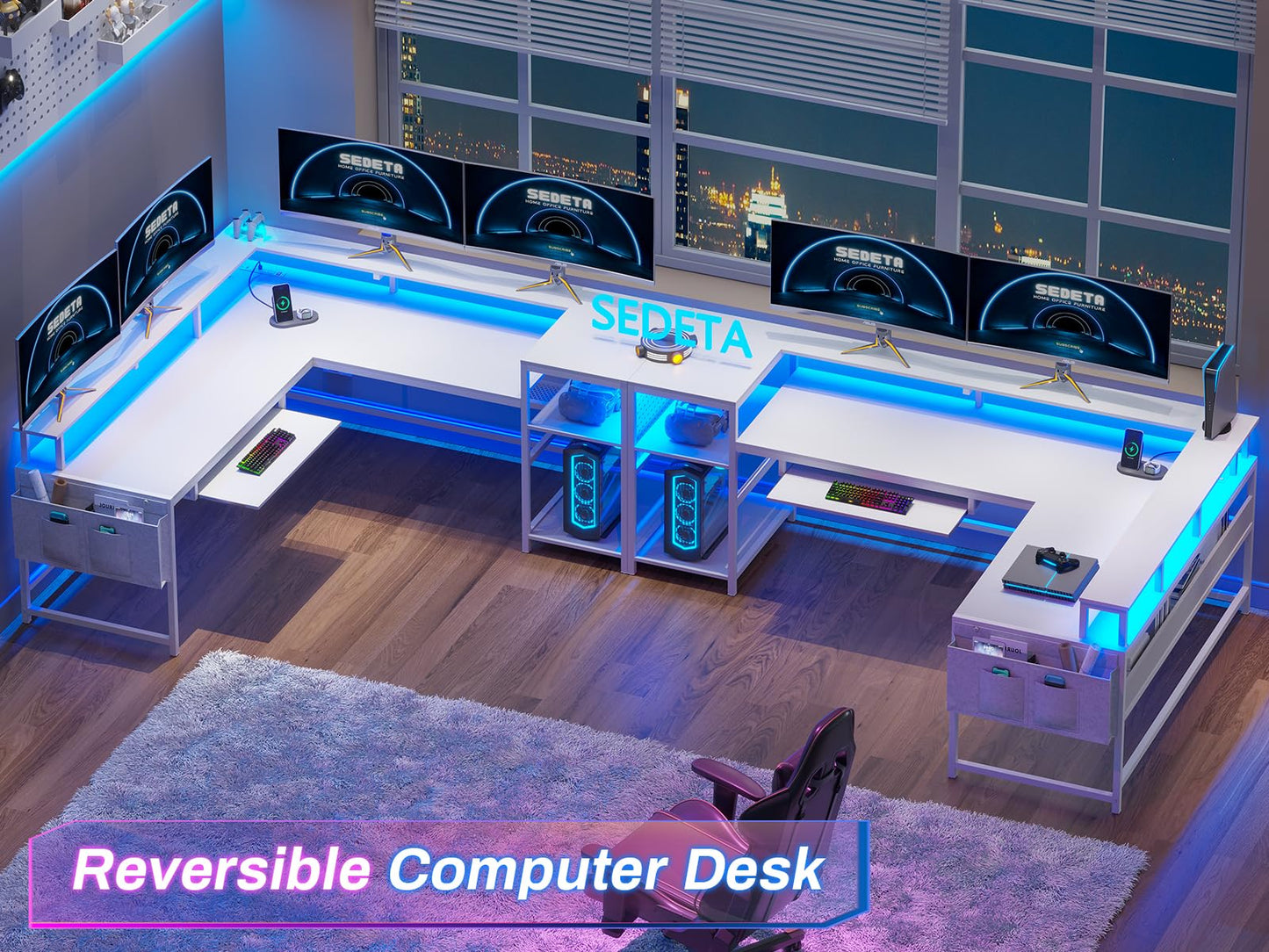 SEDETA L Shaped Gaming Desk, Reversible Computer Desk, Gaming Desk with Power Outlets & LED Strip, Monitor Shelf, Keyboard Tray, Pegboard and Storage Shelves for Home Office, White