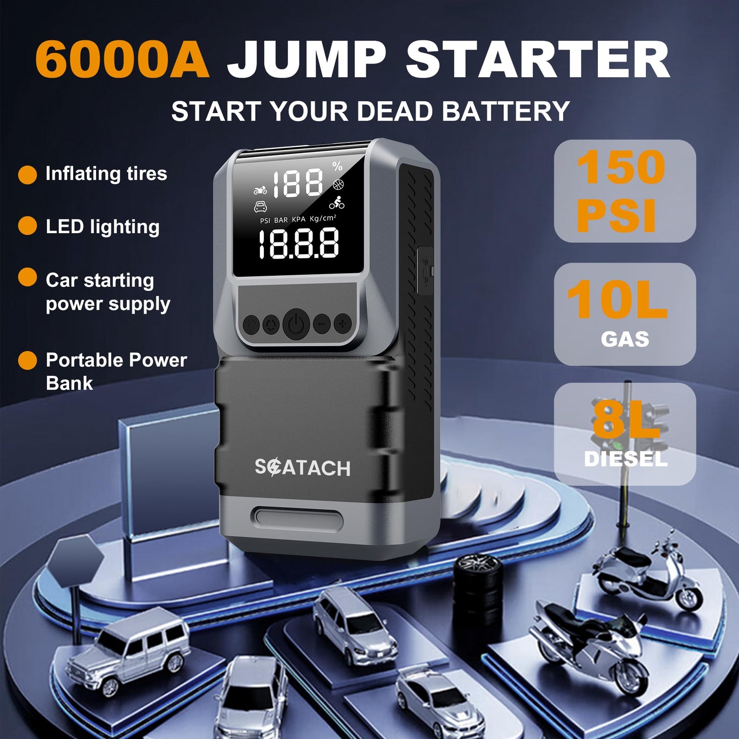 Jump Starter with Air Compressor, 6000A 150PSI Car Battery Jump Starter (10.0 Gas/8.0L Diesel) Battery Jumper Starter Portable 12V Jump Box with Jumper Cables, LED Light, LED Display