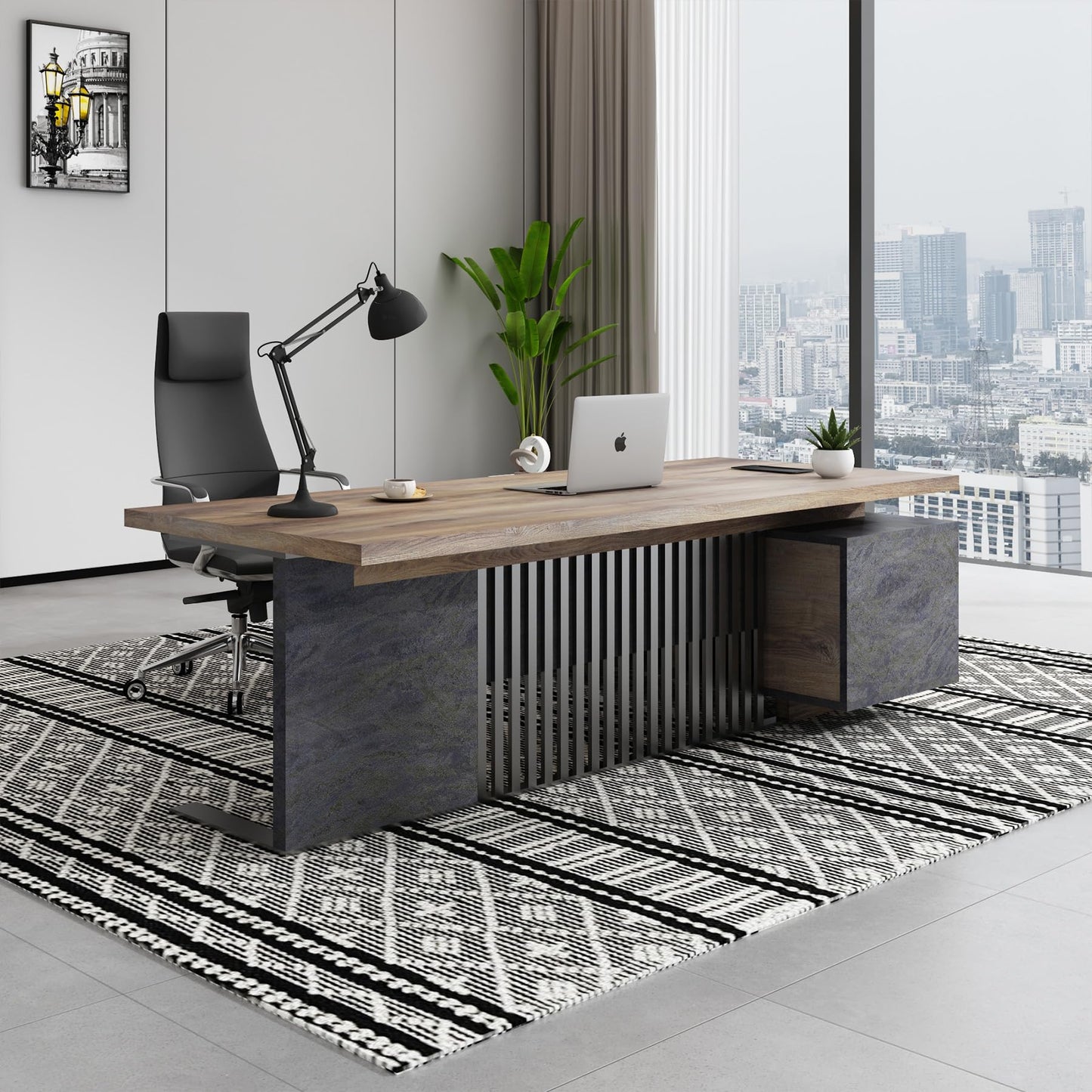ONNAHOMEStlyle Executive Desk with Privacy Panel, Large Office Desk for Small Business, Computer Desk with Drawers & Storage Cabinets, Thick One-Piece Tabletop (Right Return, 70.86")