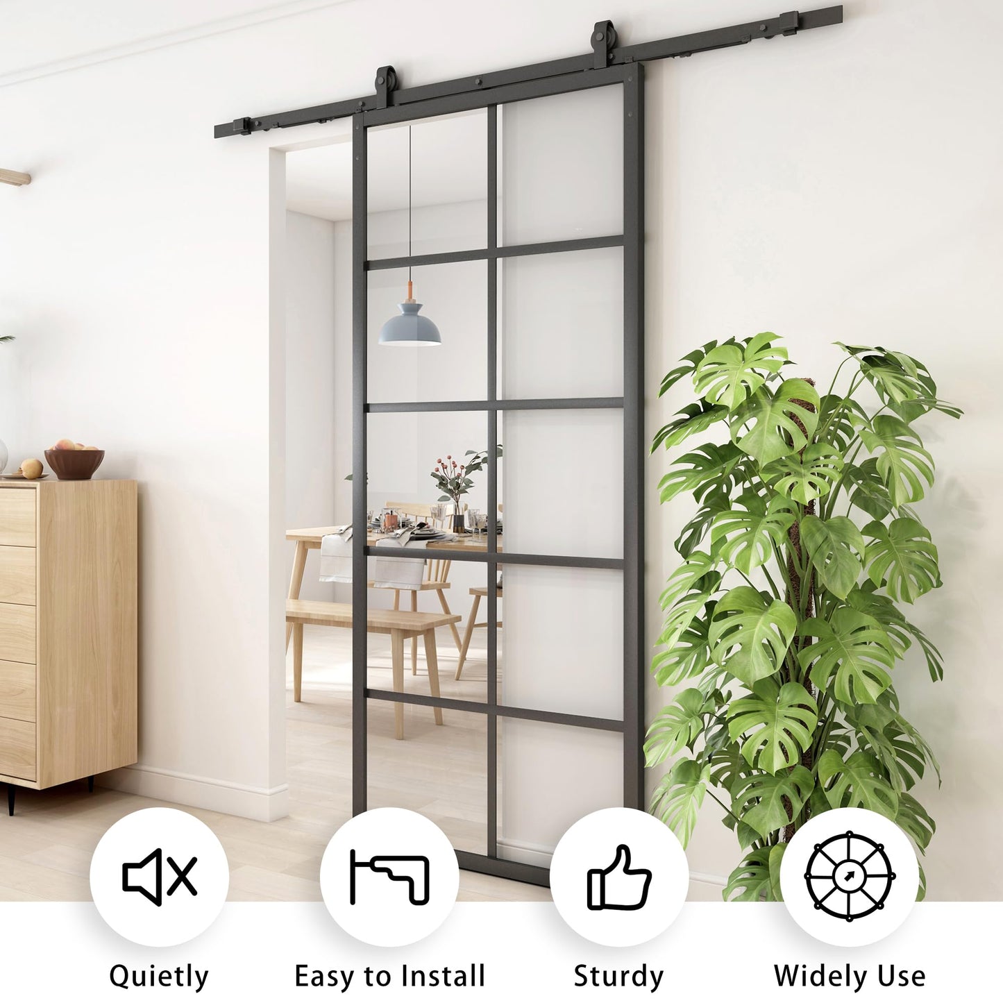 Jubest DIY Glass Sliding Closet Kitchen Door, 36in x 84in Modern French 5-Lite Clear Tempered Glass Aluminum Frame, Easy Assembly